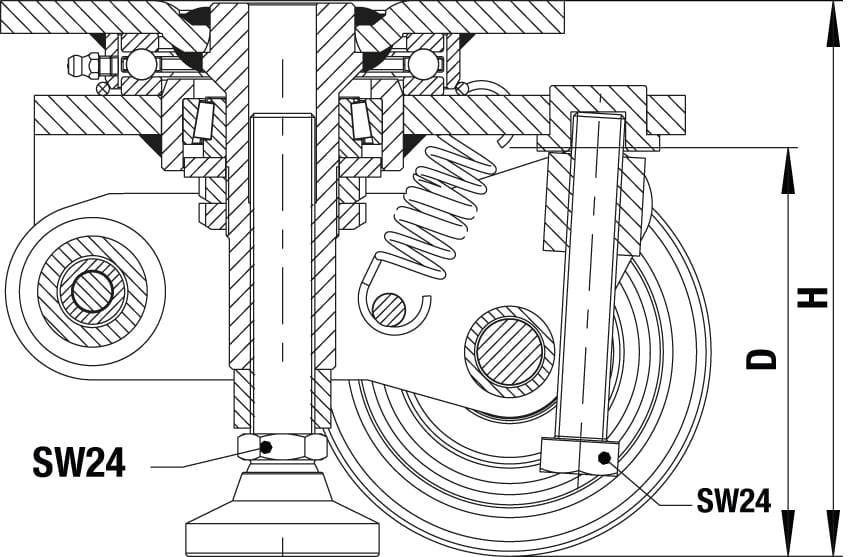 Technische Zeichnung eines Maschinenbauteils mit Schrauben, Feder und Rädchen. Maße D und H hervorgehoben; Schlüsselweite SW24 angegeben.