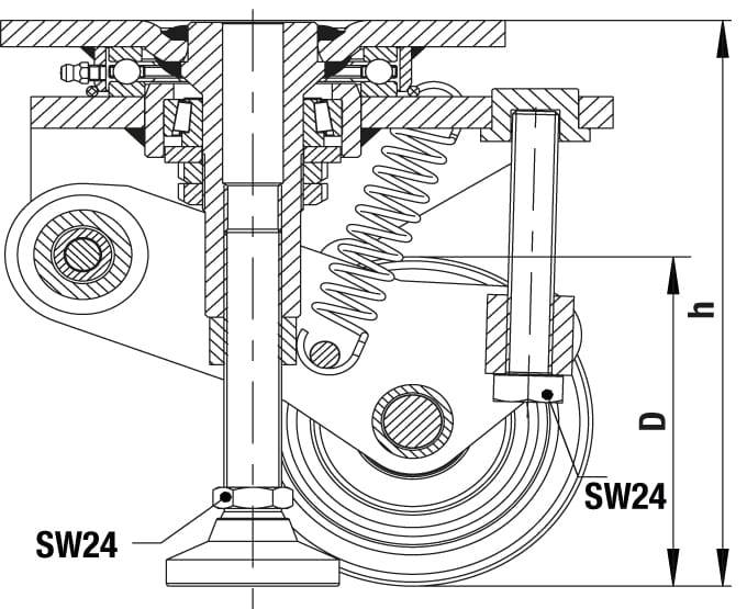 Schnittzeichnung eines mechanischen Teils mit Federn, Schrauben und Zahnrädern. Die Maße D und h sind angegeben, Schlüsselweite SW24.