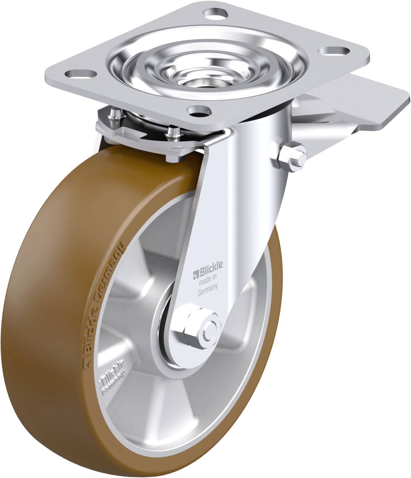 Schwenkrolle mit braunem Rad, metallischem Gehäuse und Plattenbefestigung zum Montieren an Möbeln oder Maschinen für Mobilität.