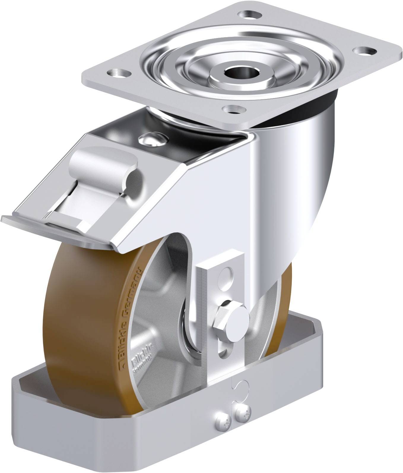 Industrie-Lenkrolle aus Metall mit braunem Kunststoffrad und drehbarem Gabelkopf, geeignet für schwere Lasten auf ebenen Flächen.