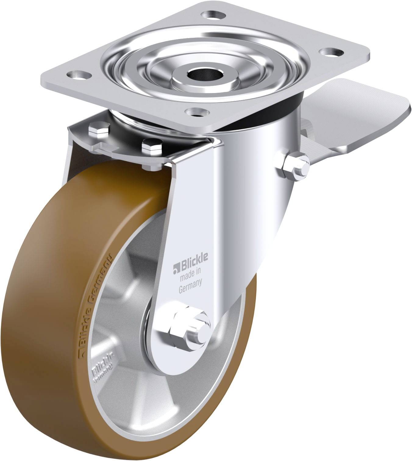 Industrielle Lenkrolle mit braunem Rad, Gehäuse aus Metall, geeignet für schwere Lasten, montierbar an Geräten oder Möbeln.