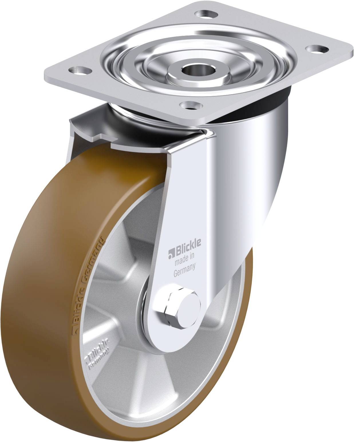 Metallenes Lenkrolle mit braunem Gummirad, Befestigungsplatte und Kugellager, hergestellt von der Marke 'Blickle'.