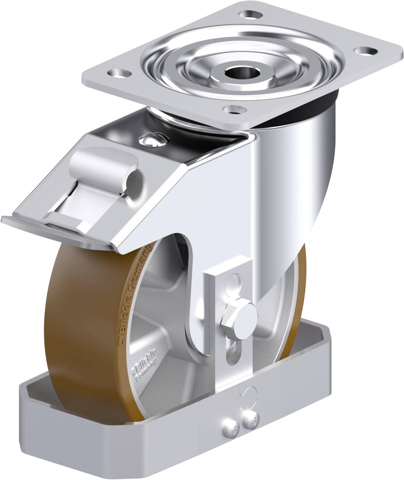 Industrie-Lenkrolle in Silber mit braunem Rad und Metallplatte zur Befestigung. Geeignet für schwere Lasten.