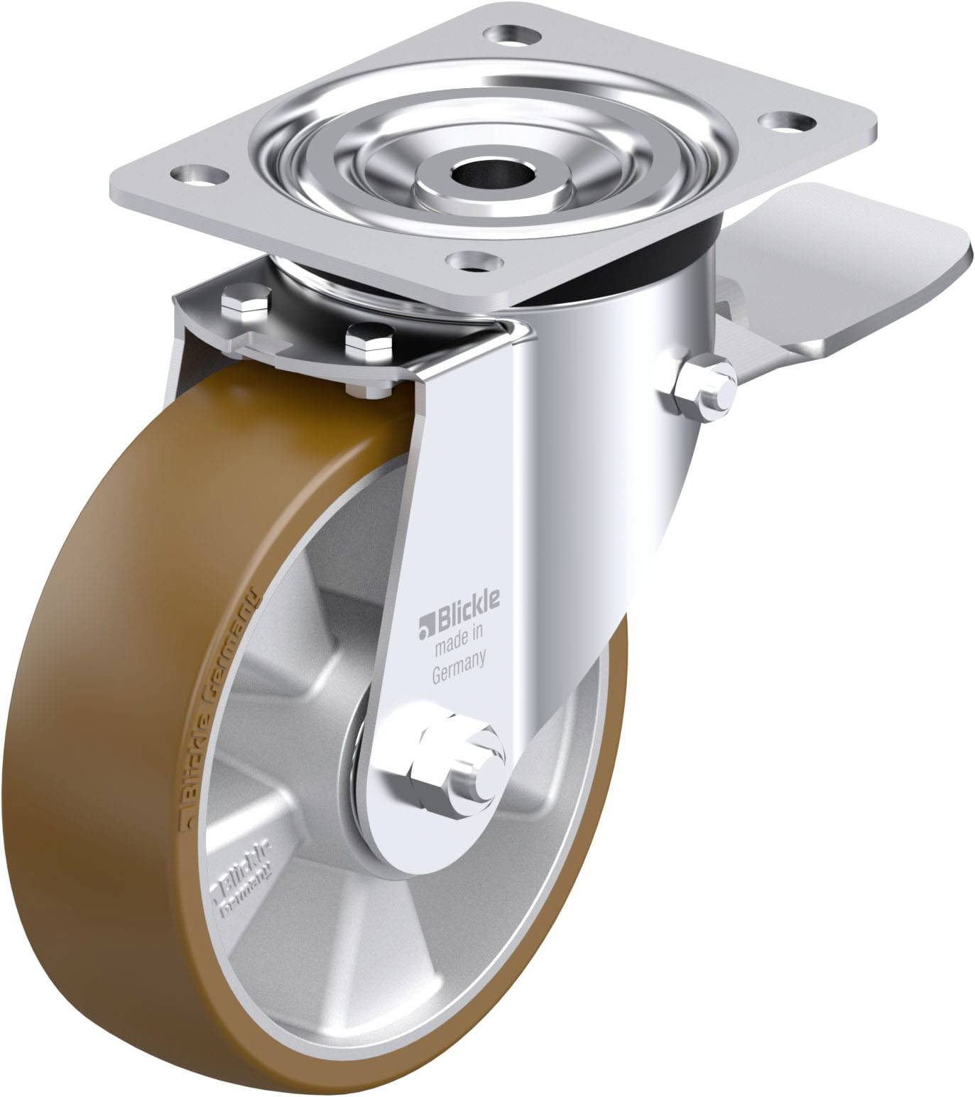 Industrie-Rollenrad mit Metallhalterung, drehbar, orange Gummirad, silberner Rahmen, geeignet für Geräte und Möbel.