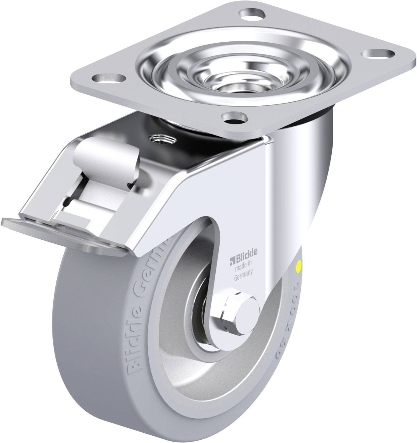 Grauer, schwenkbarer Rollwagenrad aus Metall mit einer Befestigungsplatte. Geeignet für Möbel oder Transportgeräte.