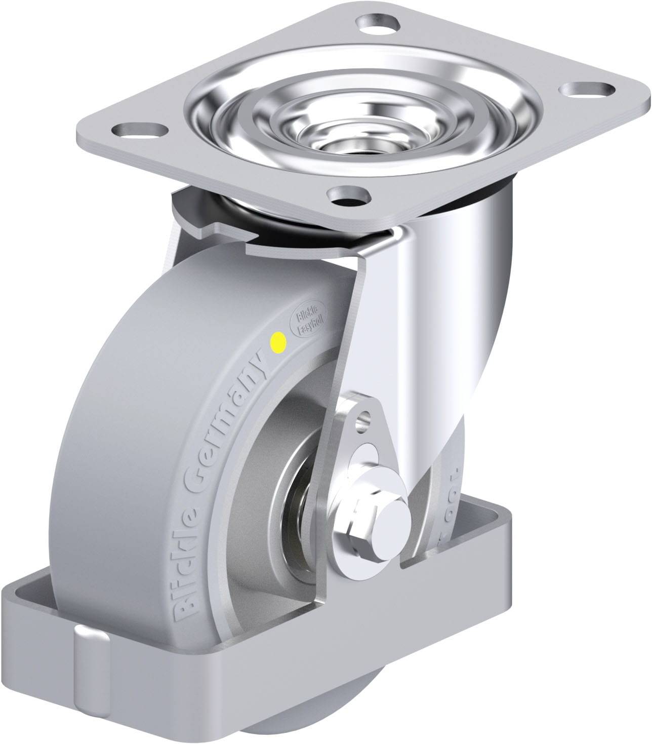 Graue Schwerlastrolle mit Drehgelenk und Befestigungsplatte, markiert mit 'Blickle Germany'. Geeignet für industrielle Anwendungen.