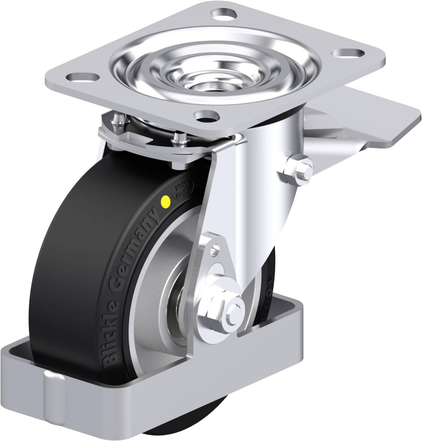 Schwenkbares Rollenlager mit schwarzem Rad, metallische Halterung und rechteckiger Basisplatte, hauptsächlich für Möbel.