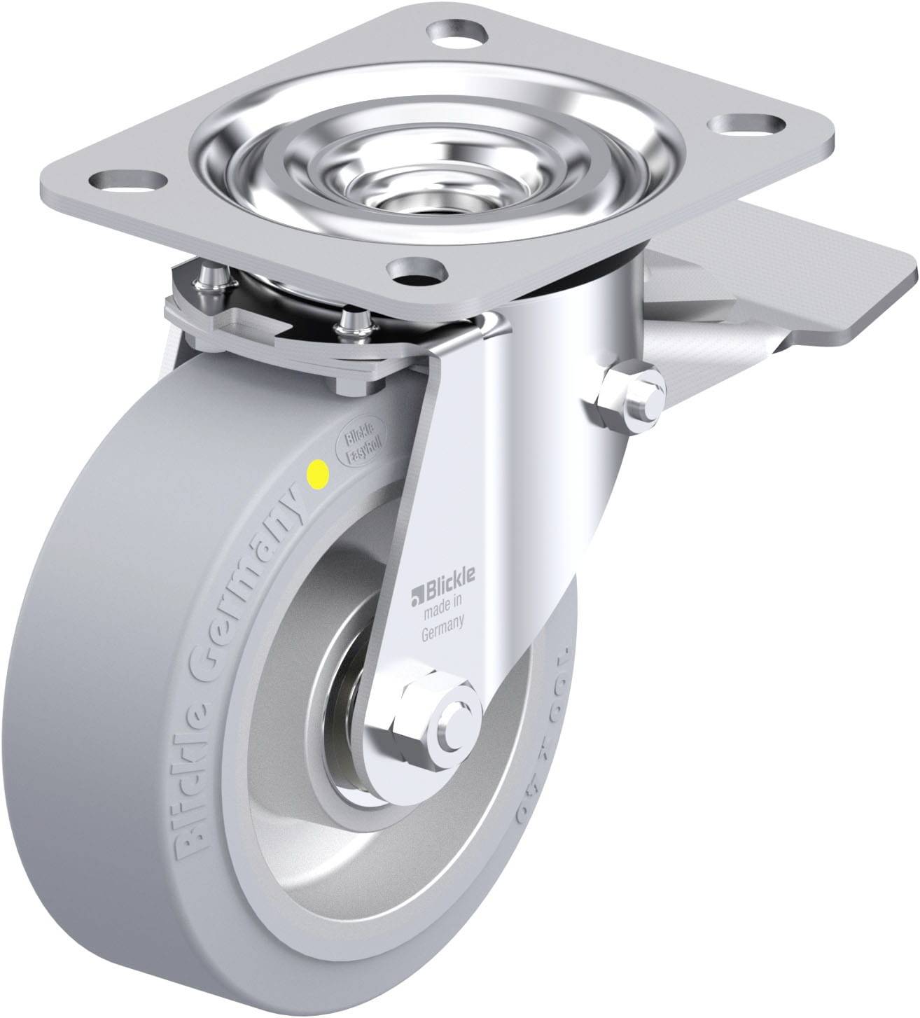 Rolle mit robustem Gehäuse und grauem Rad, geeignet für Industrieanwendungen. Sie hat eine Metallplatte zur Befestigung und ist schwenkbar.