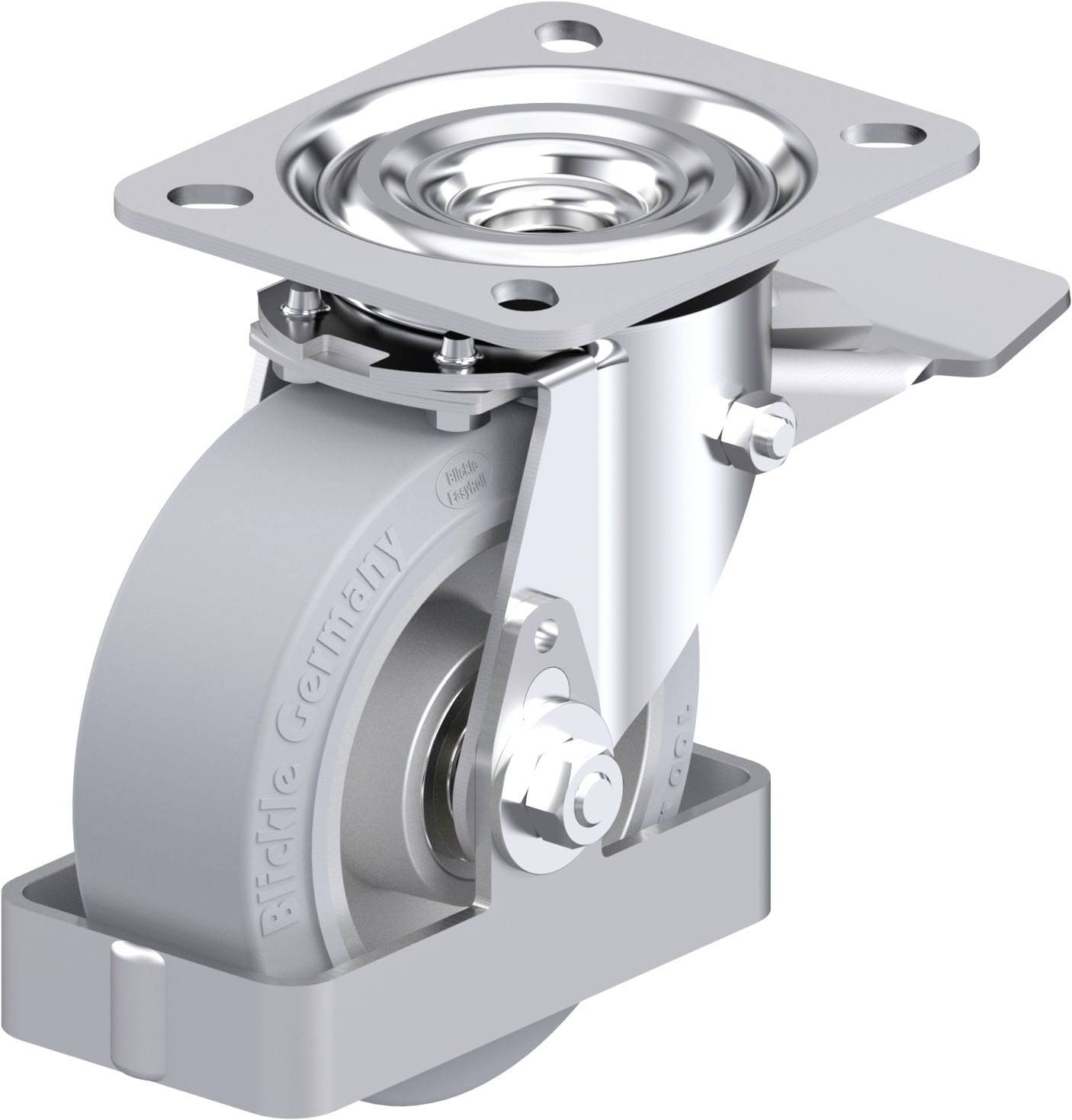 Graues Bockrolle mit Halterungsschiene aus Metall, für Industriemöbel, zeigt robustes Design und Schraubmöglichkeit.