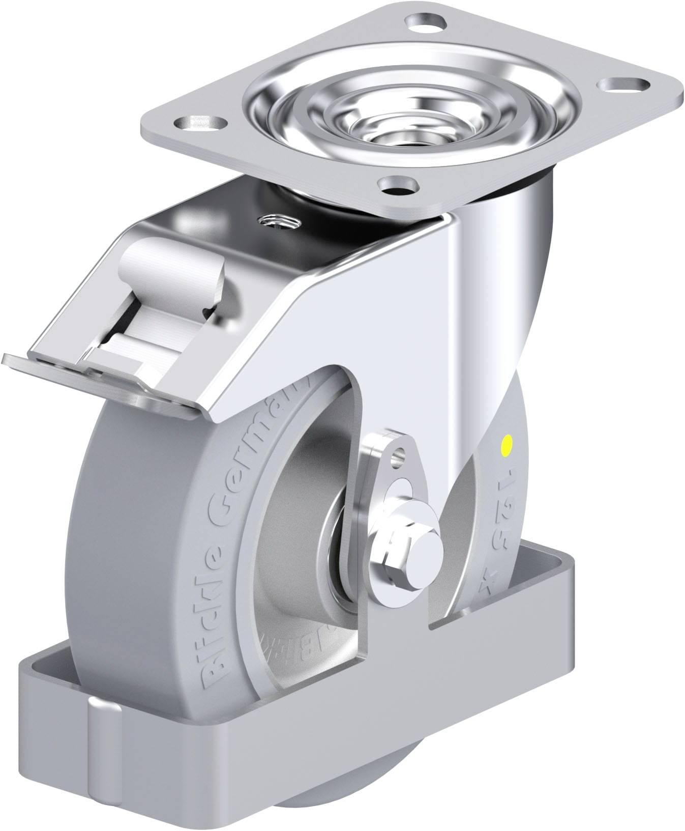 Industrie-Schwenkrolle mit Befestigungsplatte aus Metall und grauer Gummilauffläche, geeignet für schwere Lasten und robuste Anwendungen.