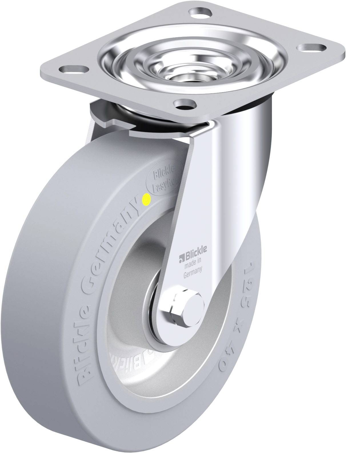 Rolle mit flacher Metallhalterung und grauem Rad, geeignet für schwere Lasten.