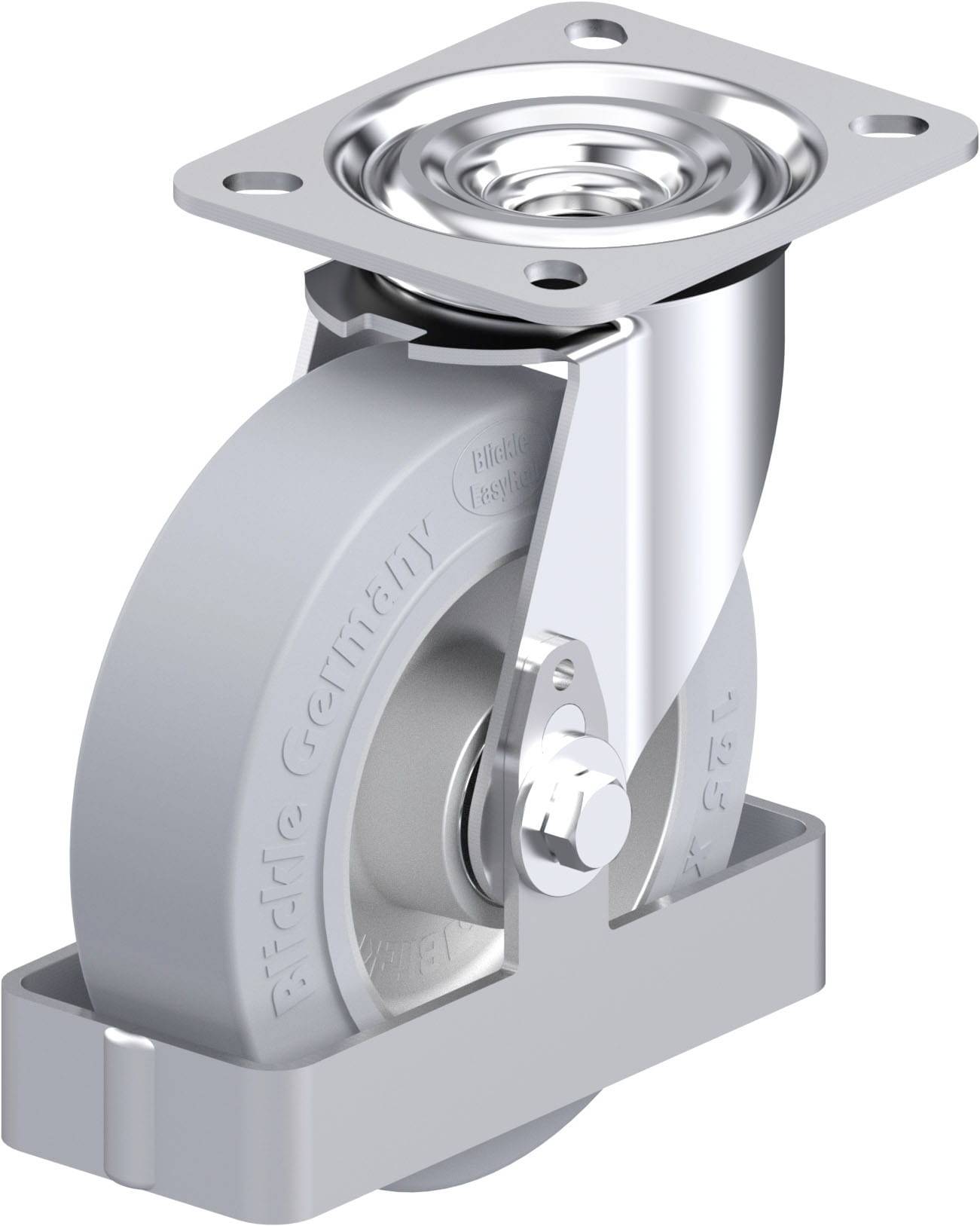 Rolle mit grauem Rad und silberner Halterung, drehbar gelagert, für Möbel oder Geräte gedacht. Mechanischen Details sind sichtbar.