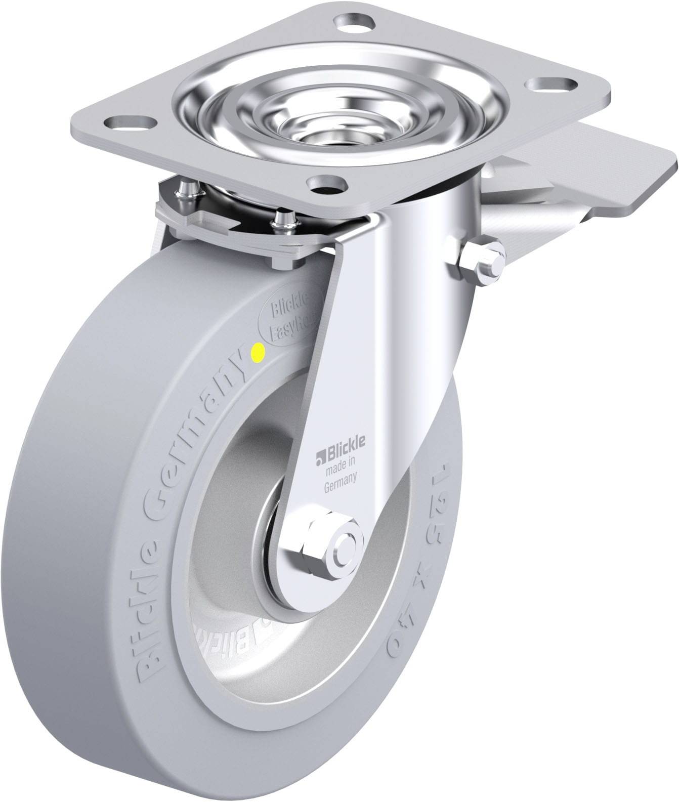 Schwenkrolle aus Metall mit grauem Gummirad, geeignet für Möbel oder Geräte. Das Rad hat eine glatte, glänzende Oberfläche.