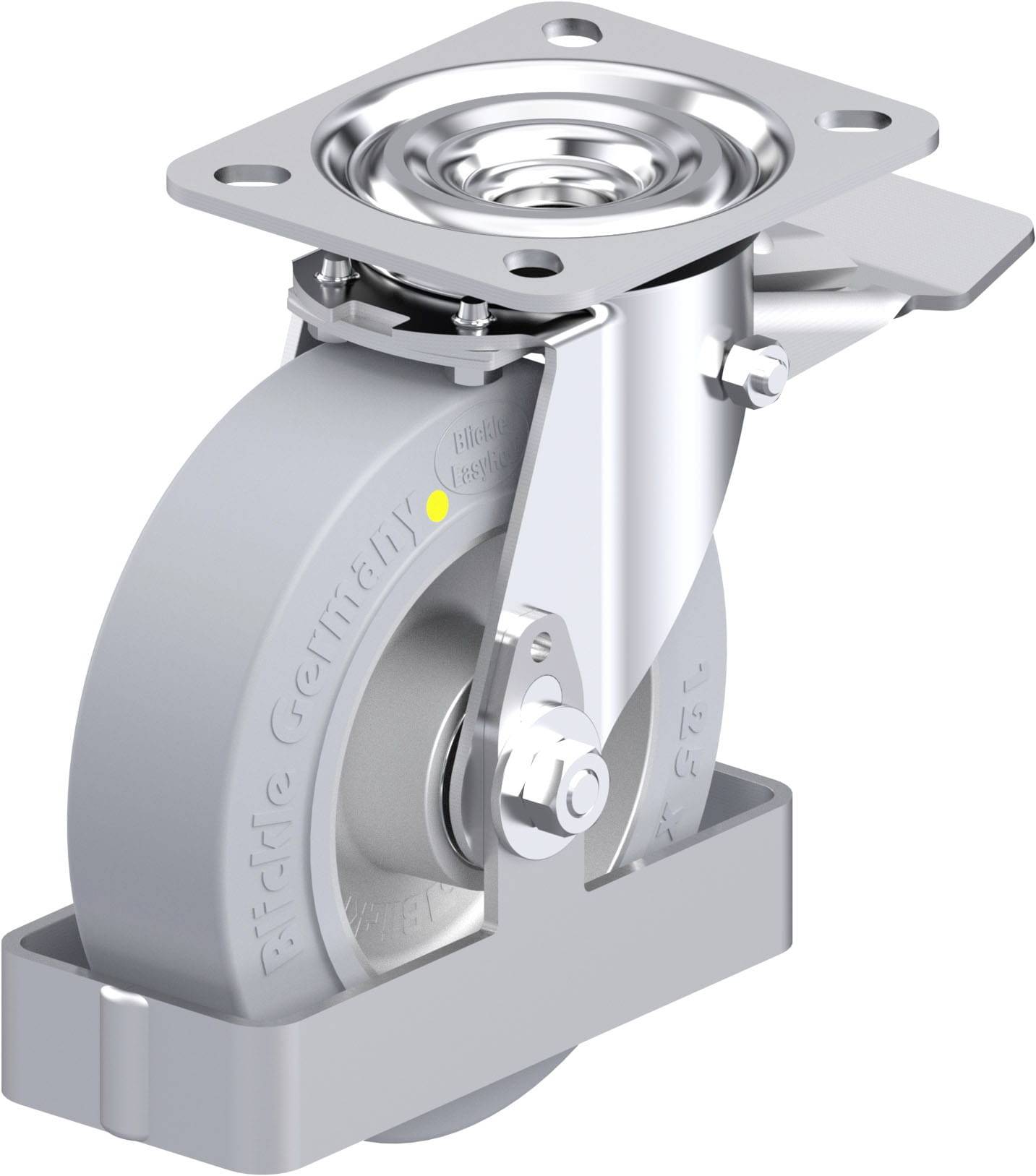 Industrierolle mit grauem Rad, silbernem Gehäuse und Schwenkmechanismus, geeignet für bewegliche Geräte oder Möbel.