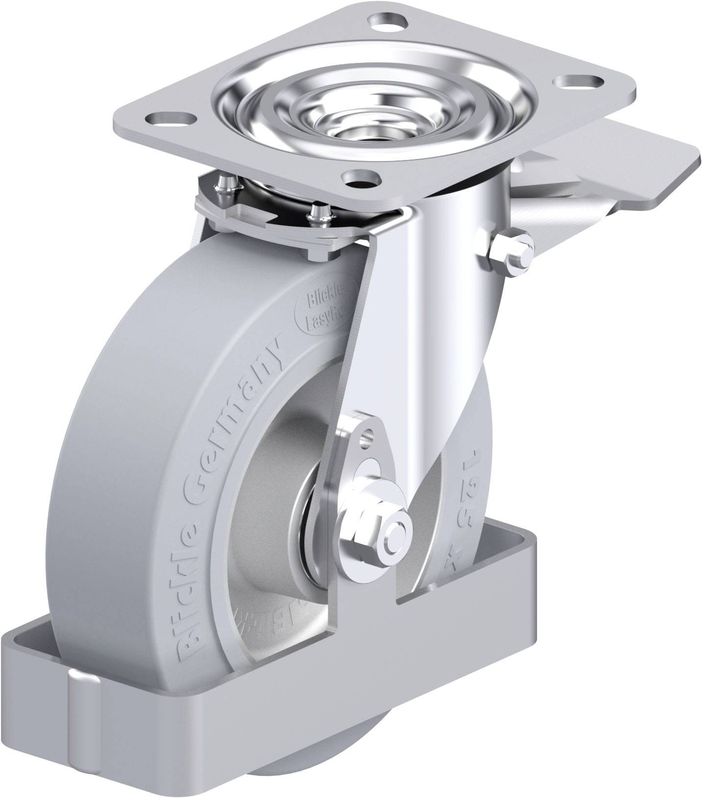 Schwenkrolle aus Metall und grauem Kunststoff mit Befestigungsplatte, Kugellager oben sichtbar. Geeignet für Möbel oder Transportgeräte.