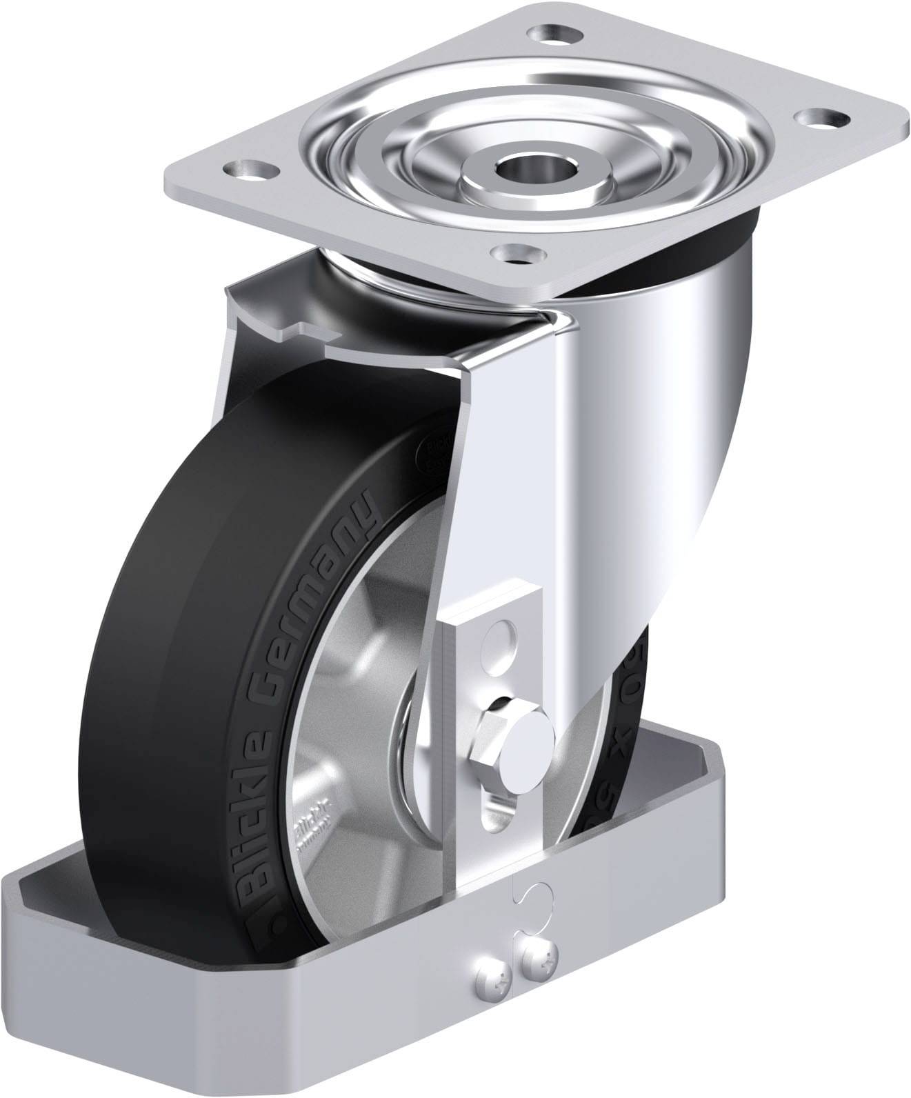 Metallisches Schwenkrolle mit schwarzem Rad und Befestigungsplatte, geeignet für Möbel oder Industrieanwendungen.