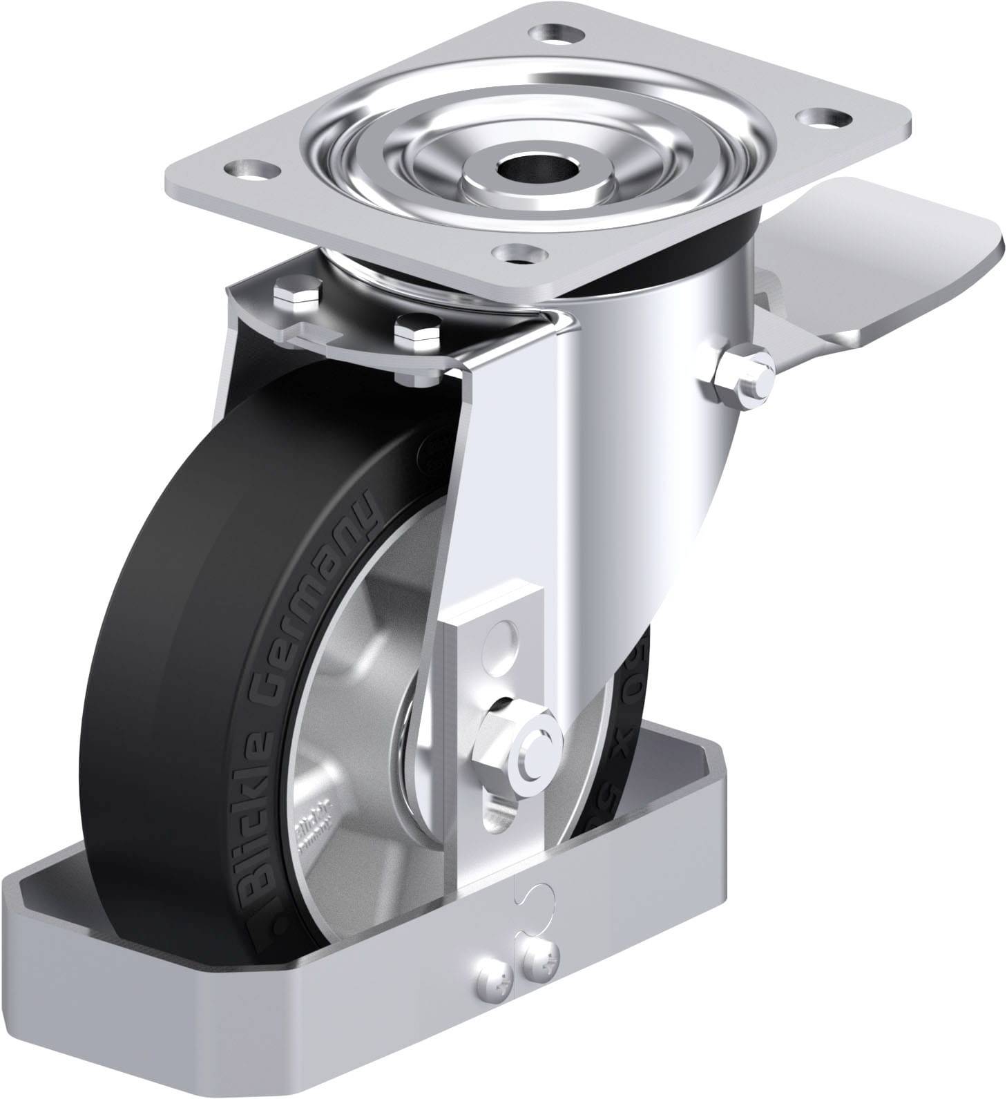 Ein bewegliches Lenkrad mit schwarzem Rad und silberner Halterung, verwendet für Transportwagen oder Möbel, ermöglicht Drehbewegung.