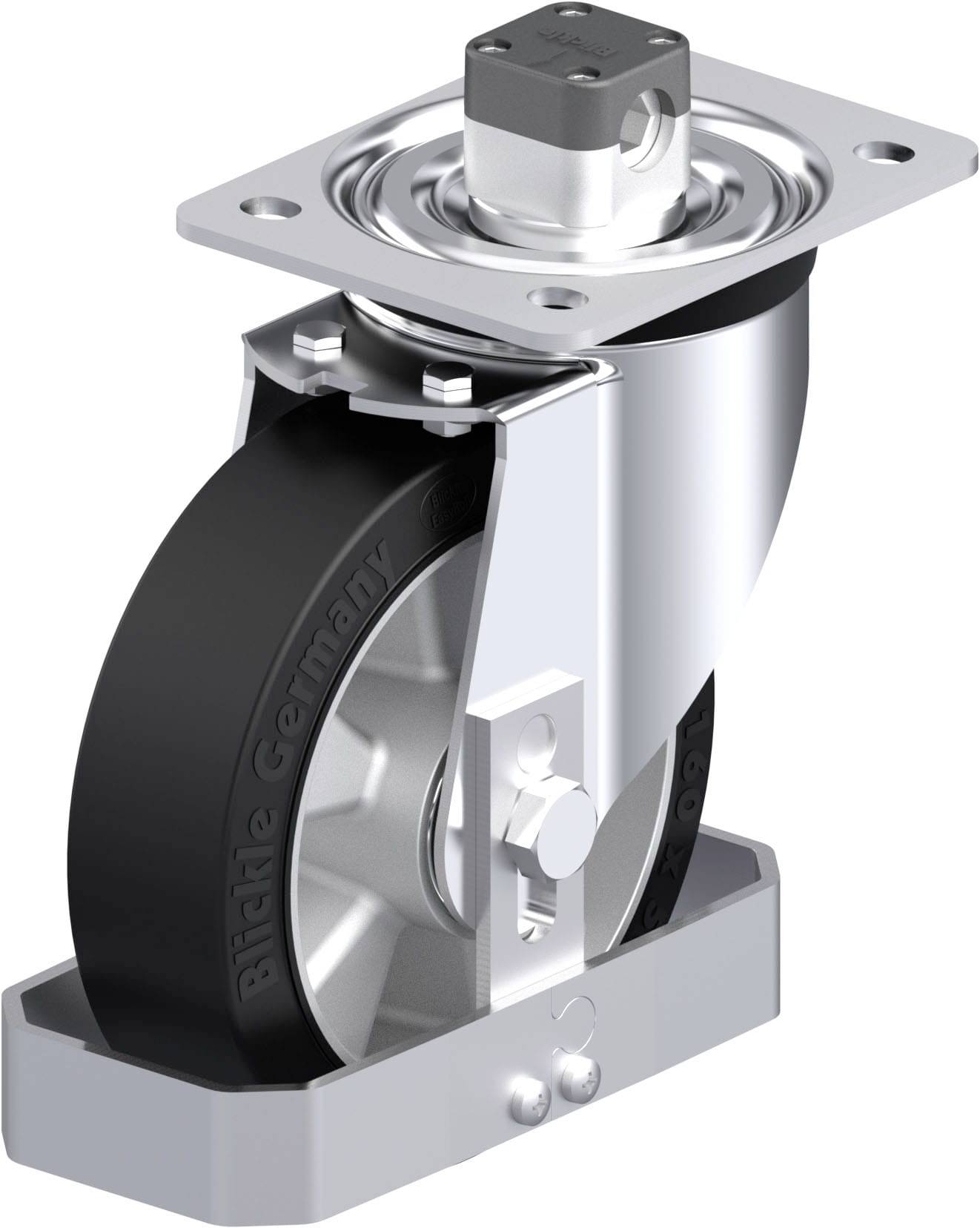 Industrie-Lenkrolle aus Metall mit schwarzem Elastikband, montiert auf einer silbernen Grundplatte mit Befestigungsmechanismus.