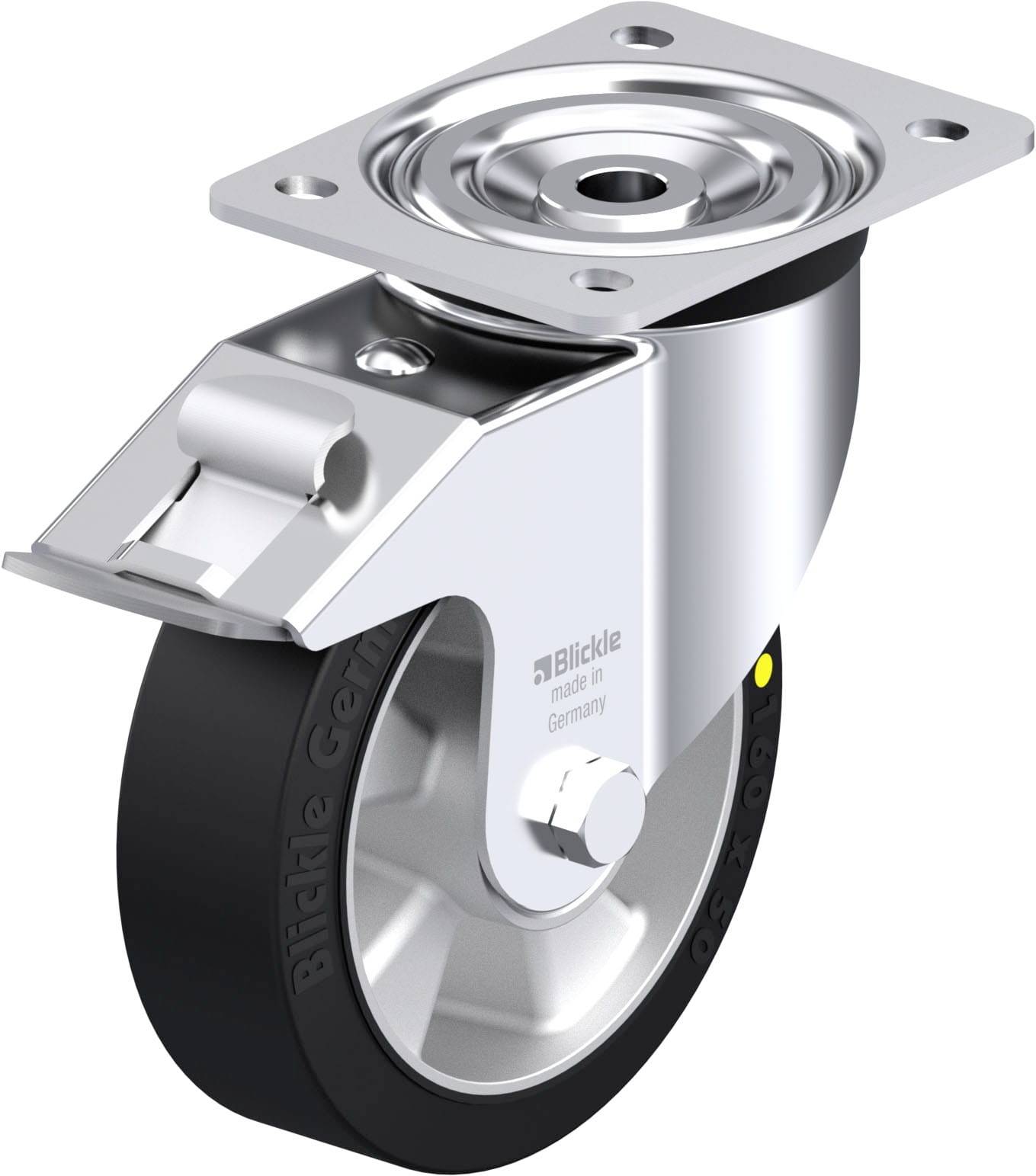 Ein schwenkbares Rollenrad mit Metallplatte und Bremse. Die Rolle ist für Mobilität und Stabilität von Objekten konzipiert.