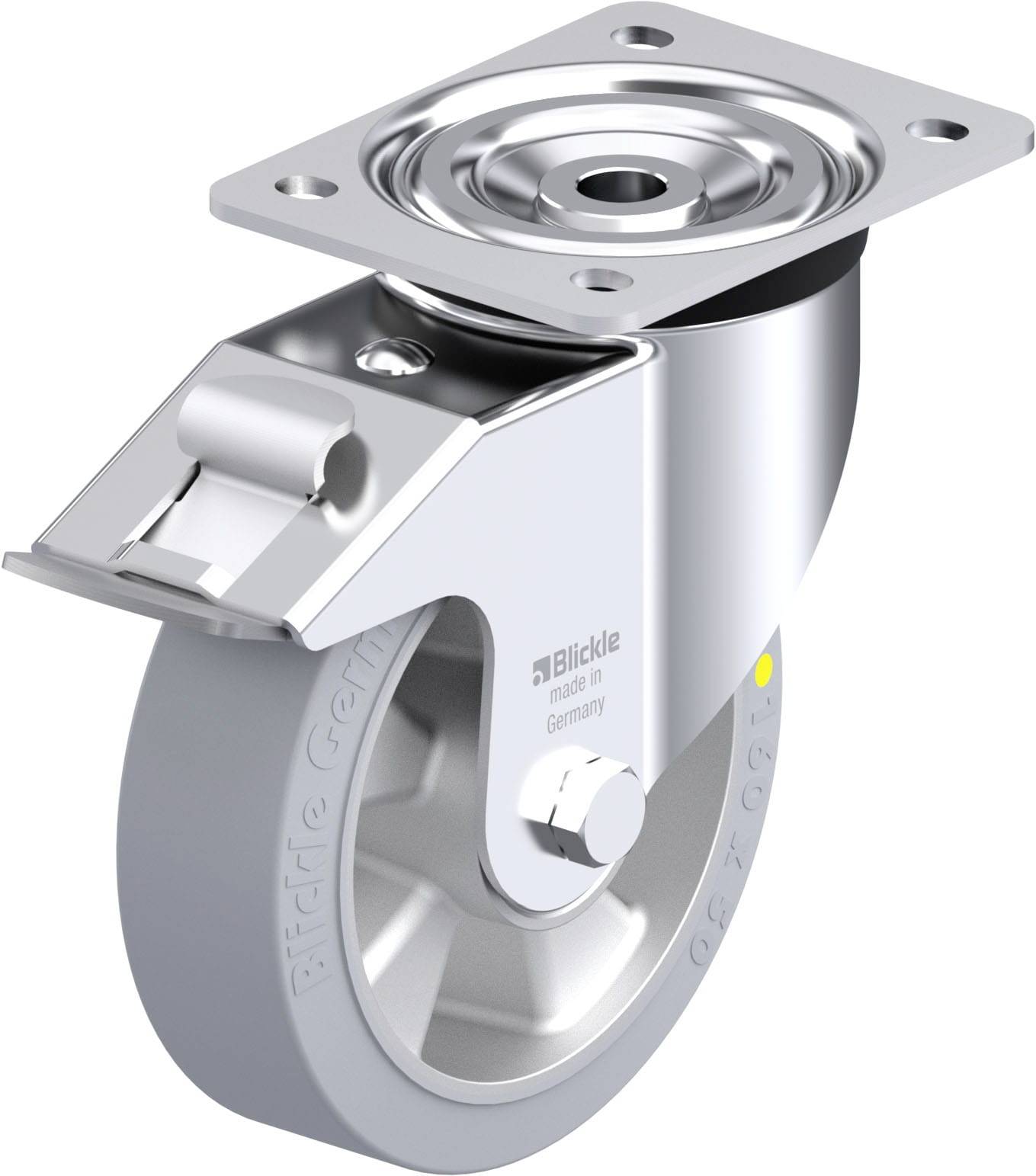 Ein einzelnes Lenkrollenrad aus Metall mit Befestigungsplatte, glänzender Oberfläche und Markierung 'Made in Germany' auf der Seite.
