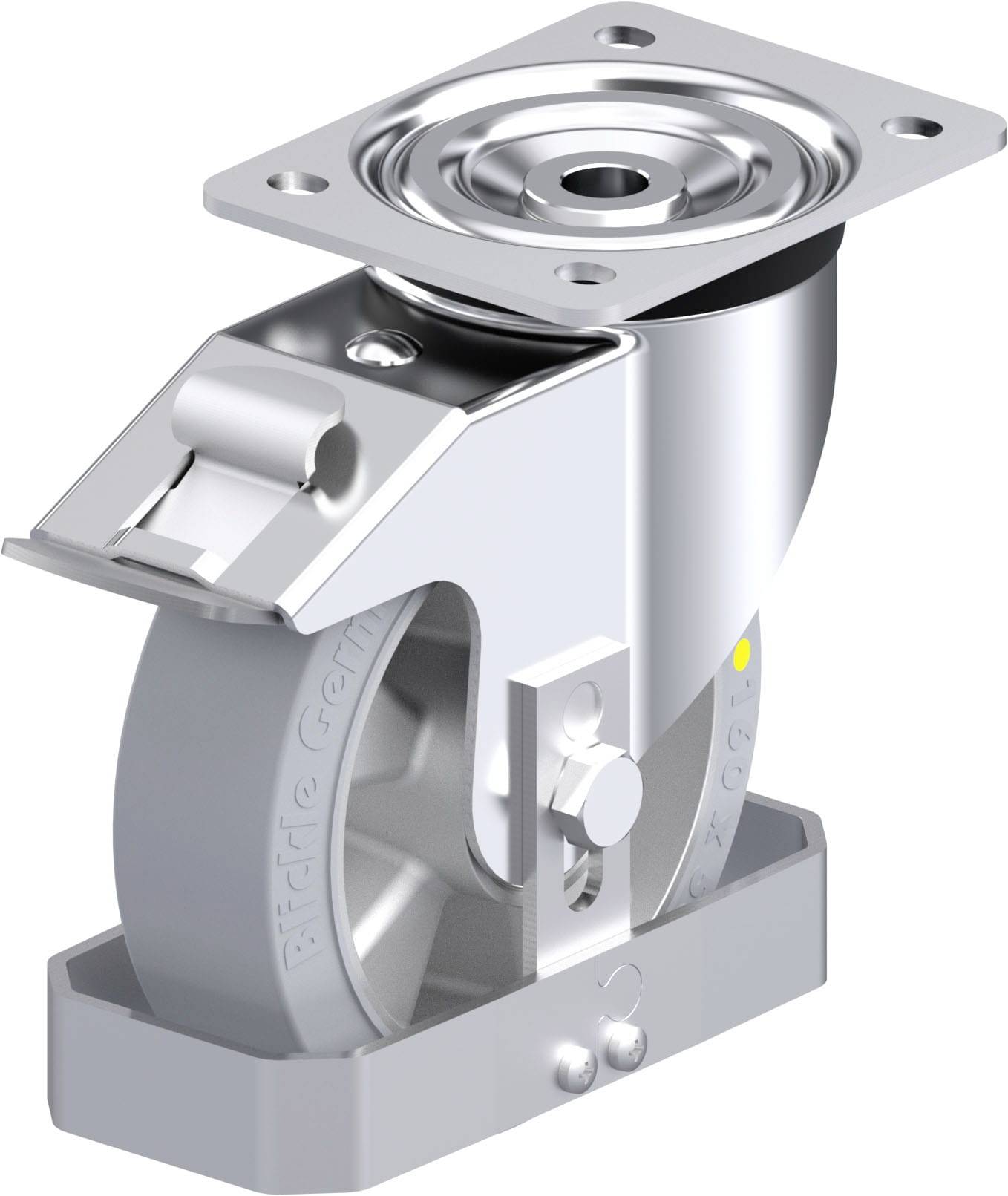 Selbstnivellierende Apparaterolle aus Metall, grau, mit rechteckiger Befestigungsplatte und gummiertem Rad.