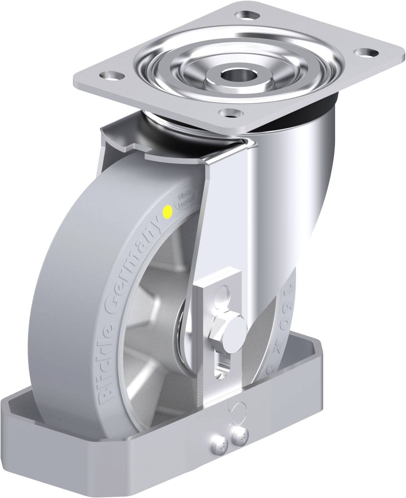 Metallrolle mit Halterung, geeignet für Schwerlastanwendungen. Robuste Bauweise, ideal für industrielle Umgebungen.
