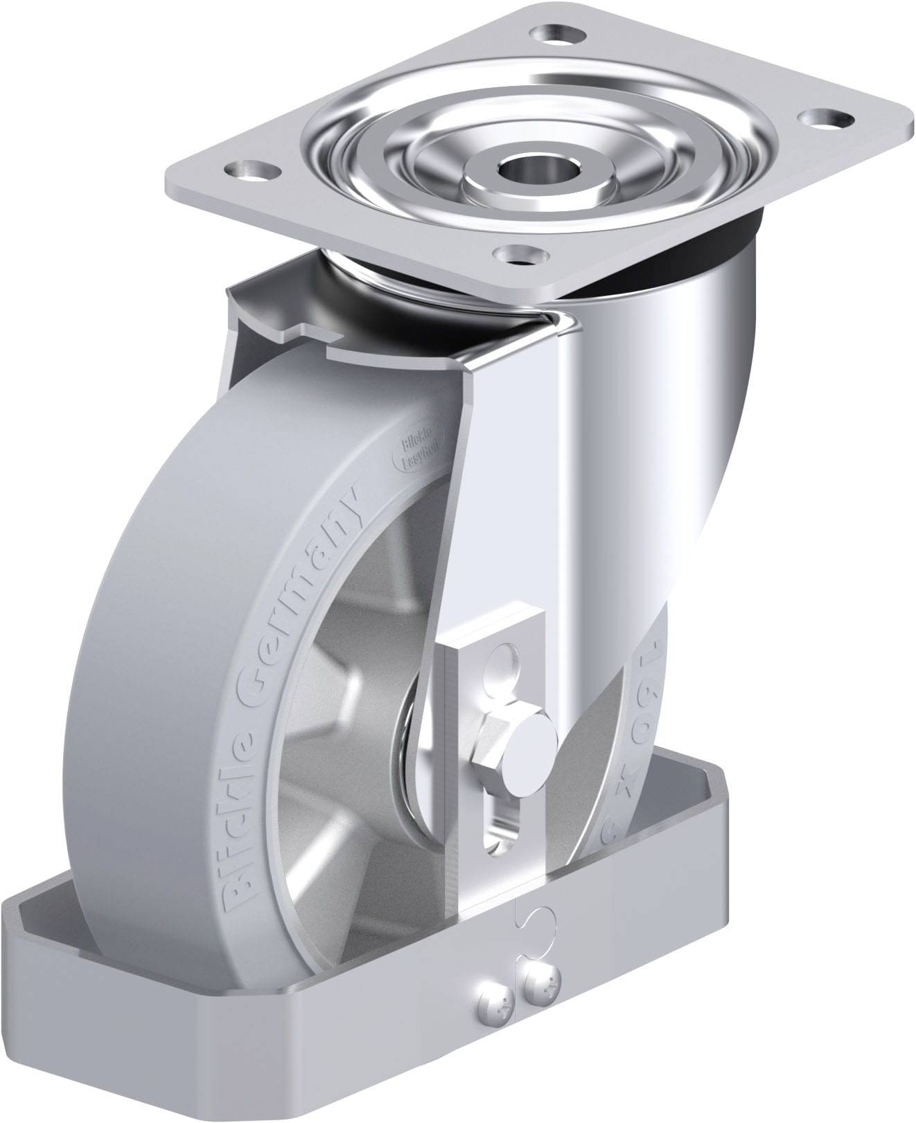 Industrie-Lenkrolle mit grauem Rad und Metallgehäuse, entwickelt für schwere Lasten. Optimiert für Stabilität und leichtes Manövrieren.