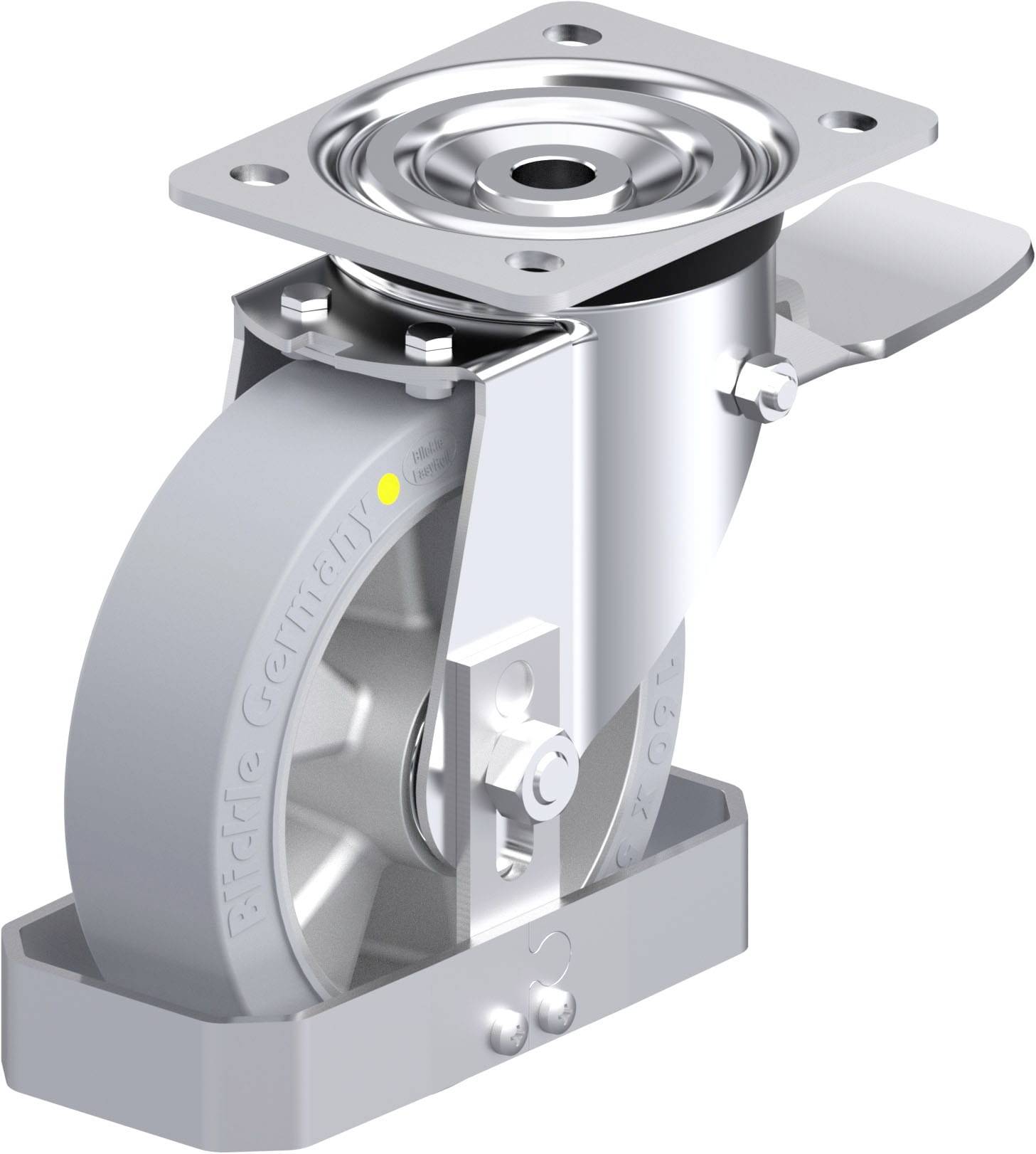 'Schwenkrolle mit Bremse' zeigt ein industrielles Rad mit Befestigungsplatte und Bremssystem, für schwere Lasten konzipiert.