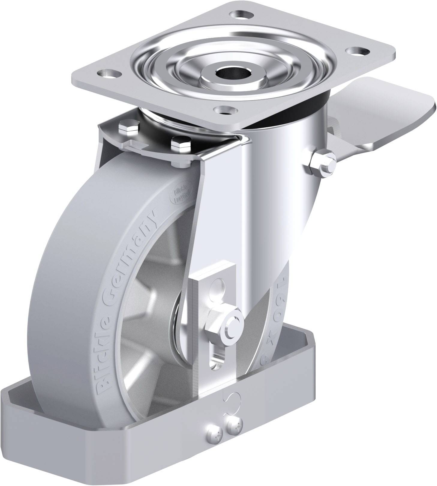 Metallisches Möbelrad mit silbernem Gehäuse und integrierter Bremsfunktion, geeignet für schwere Lasten. Befestigung durch obere Montageplatte.