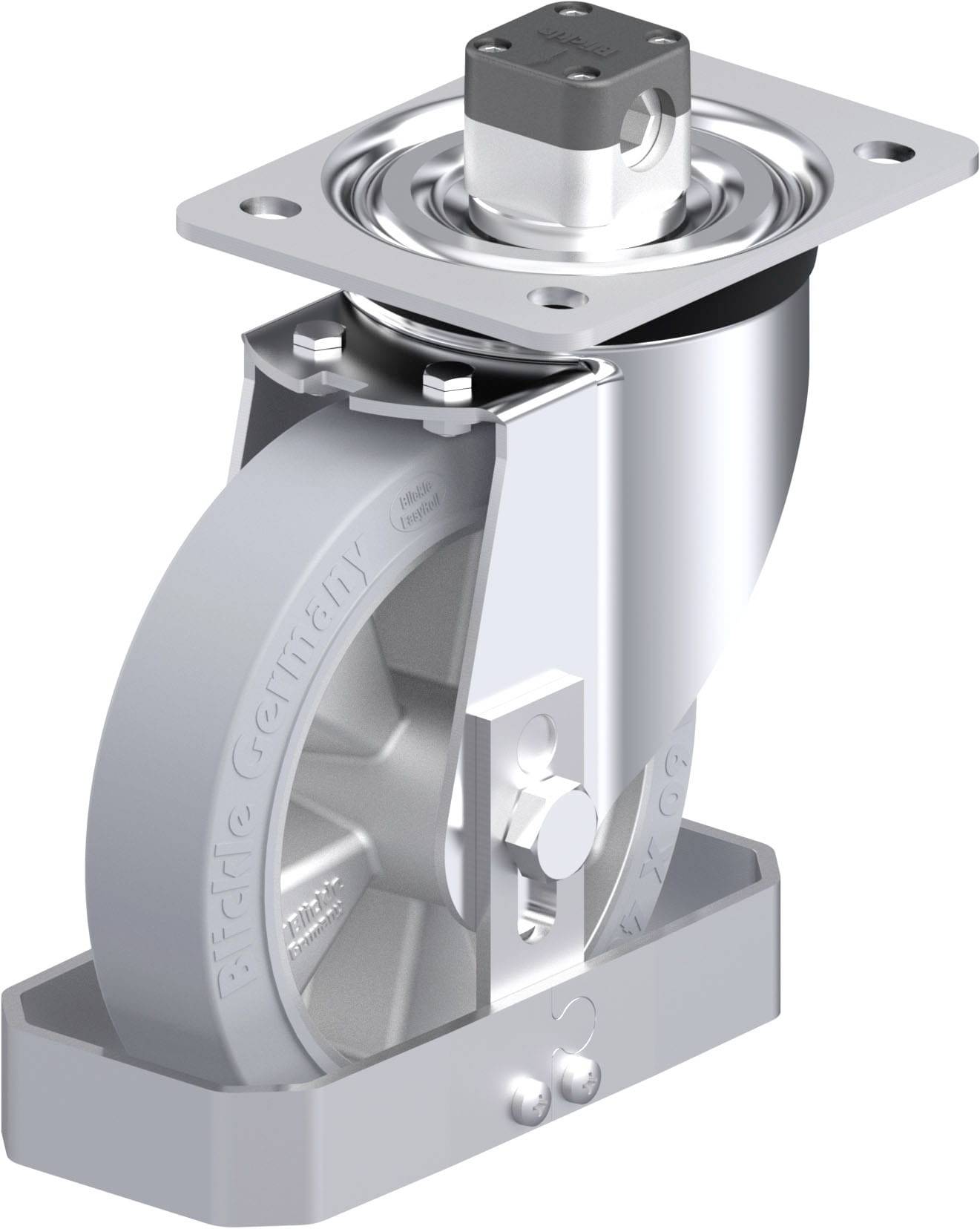 Industrie-Rollenhalter aus Metall mit festem Gehäuse und drehbarem Rad, geeignet für Transportgeräte oder Möbel.