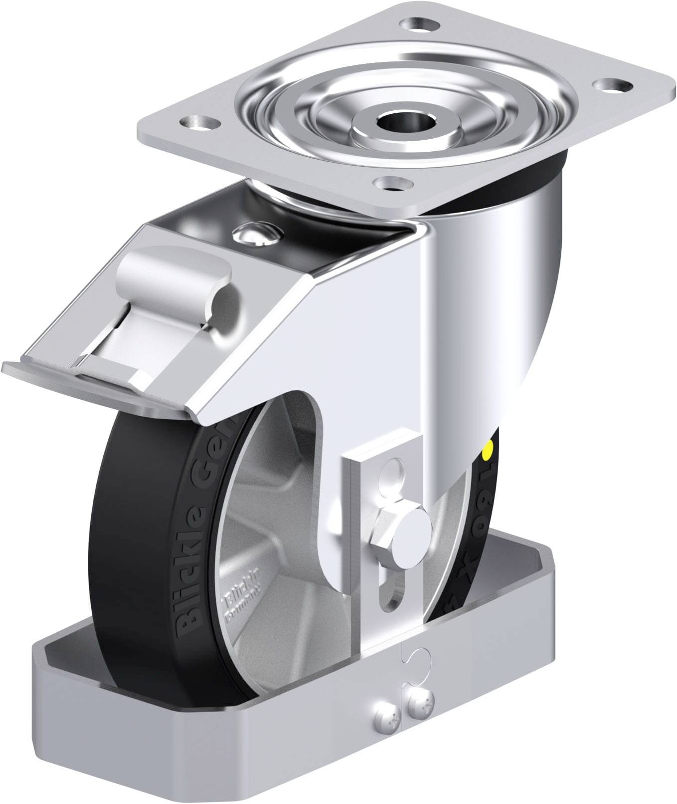 Schwenkrolle mit Metallgehäuse und Gummirad, geeignet für industrielle Anwendungen. Anzeige der Befestigungsplatte und Lagermechanismus.