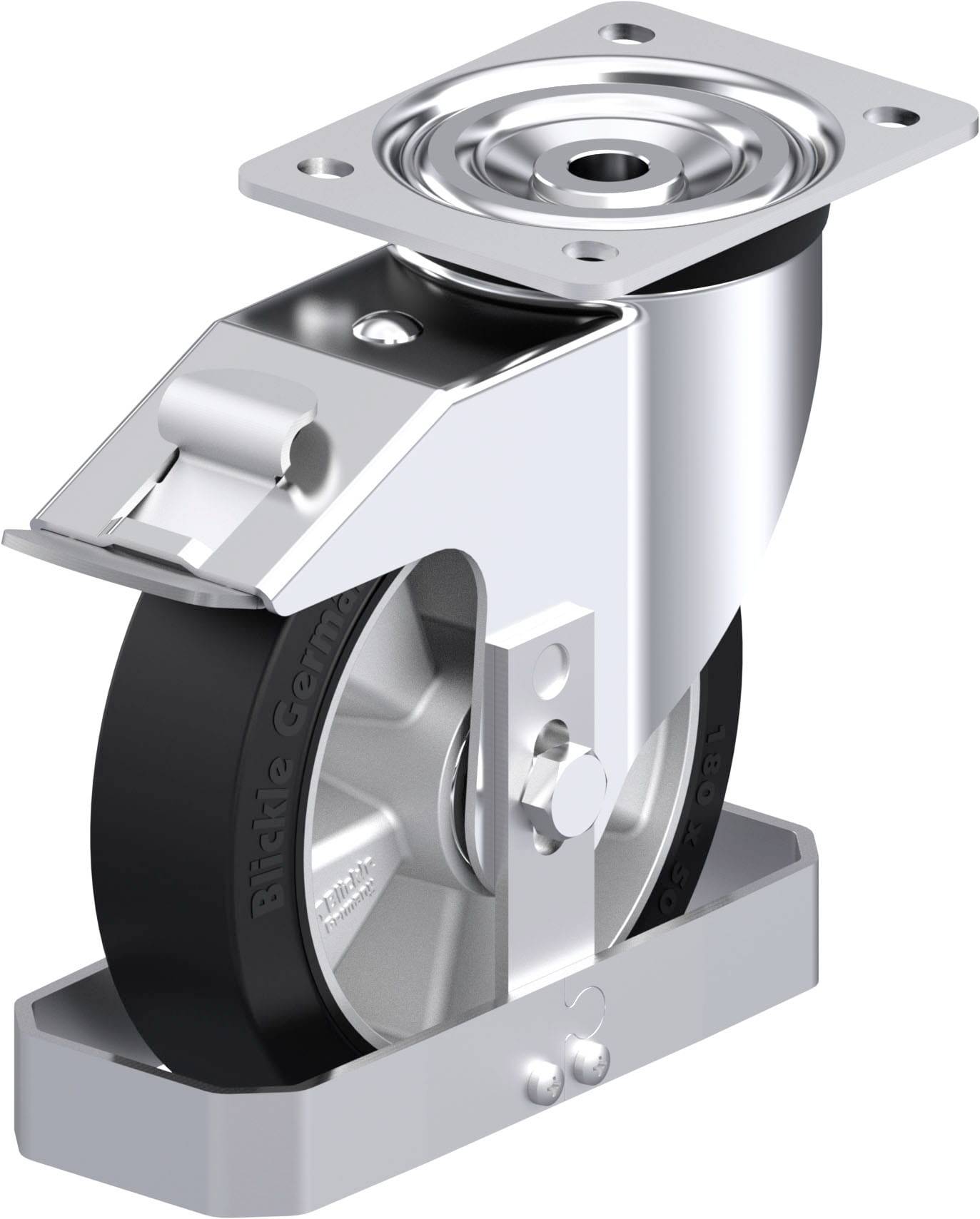 Metallisches, schwenkbares Gehäuse mit schwarzem Rad, Lager und Montageplatte; typisches Design für Transportrollen.