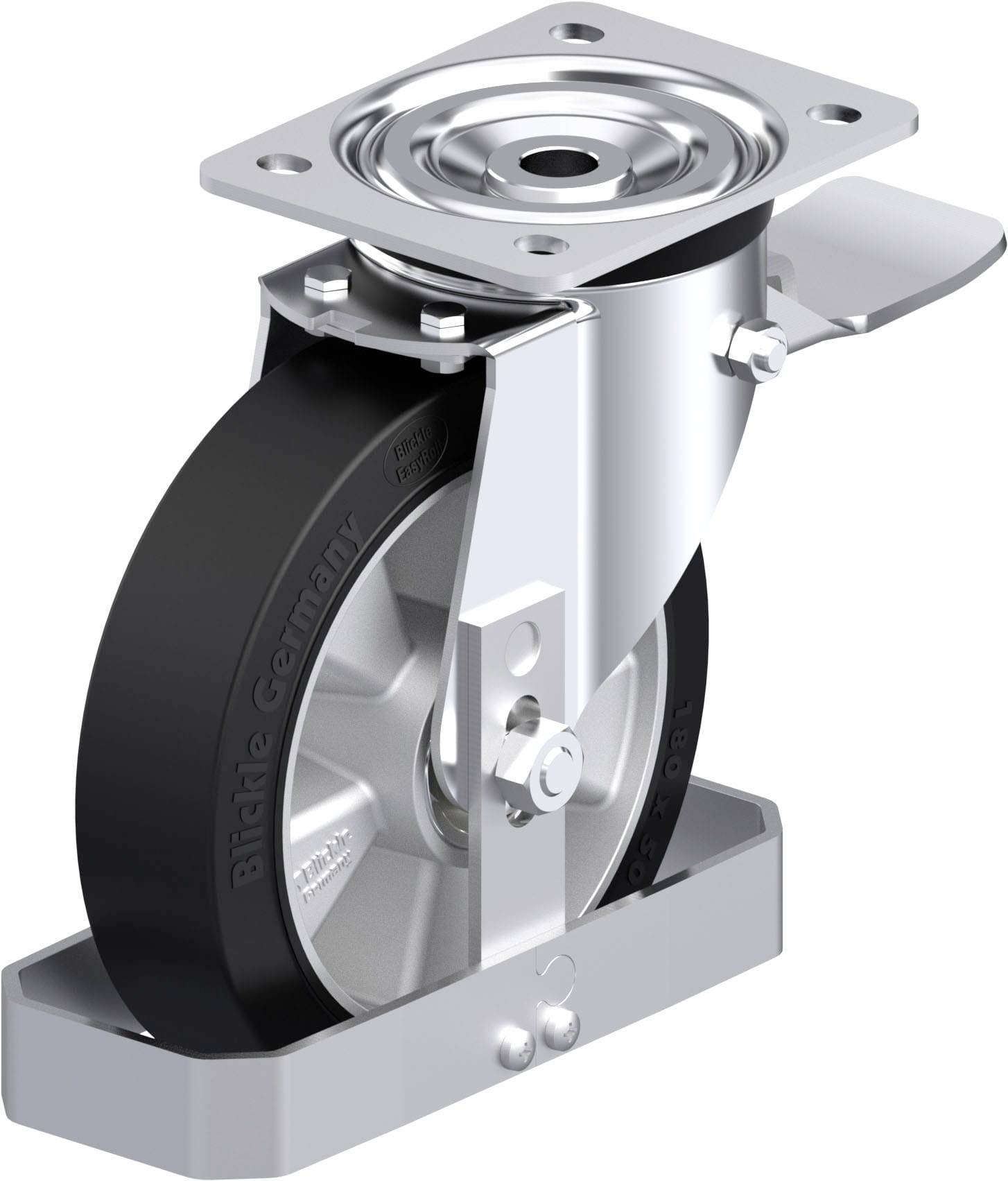 Schwenkrolle mit schwarzem Rad und silbernem Metallgehäuse, geeignet für schwere Lasten. Ideal für industrielle Anwendungen.