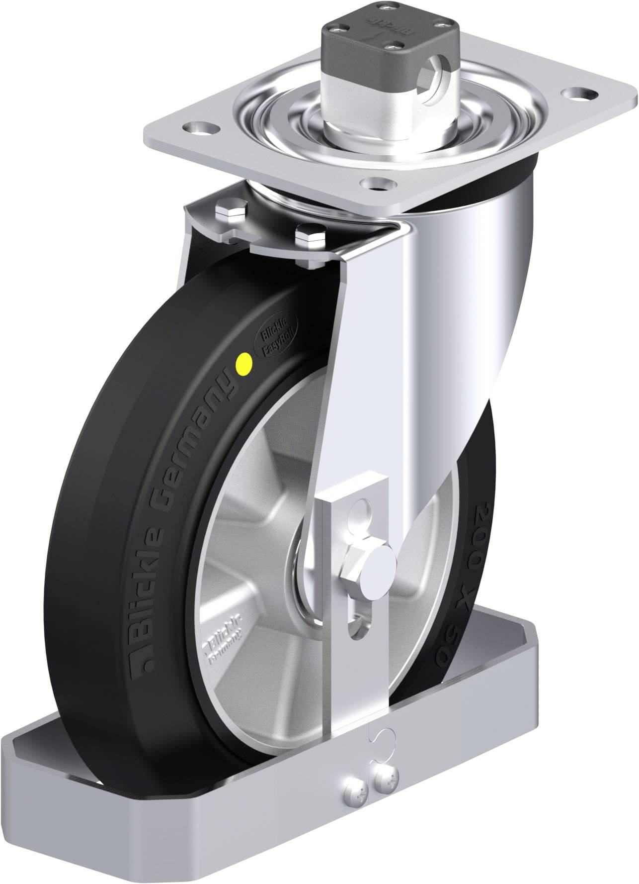 Industrie-Lenkrolle mit schwarzem Gummirad, silbernem Gehäuse und Drehgelenk, montiert auf rechteckiger Metallplatte.