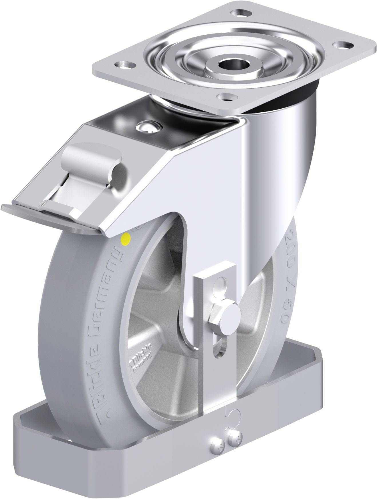 Ein silbernes Lenkrollenrad mit Bremse und rechteckiger Montageplatte. Geeignet für Möbel oder Industriegeräte.