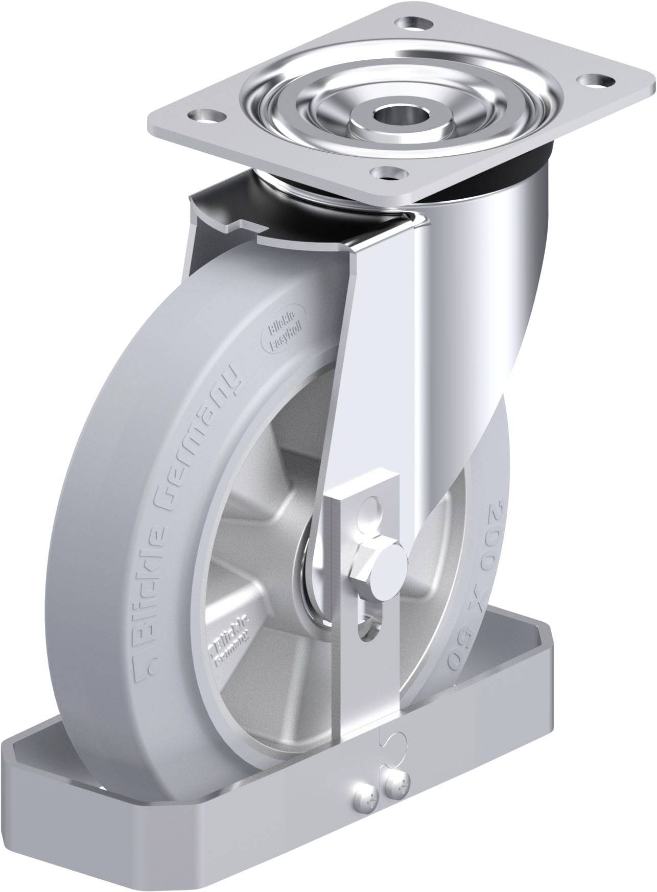 Tabelle zeigt eine industriellen Lenkrolle aus Metall und Kunststoff. Sie hat eine Platte zur Befestigung. Geeignet für schwere Lasten.