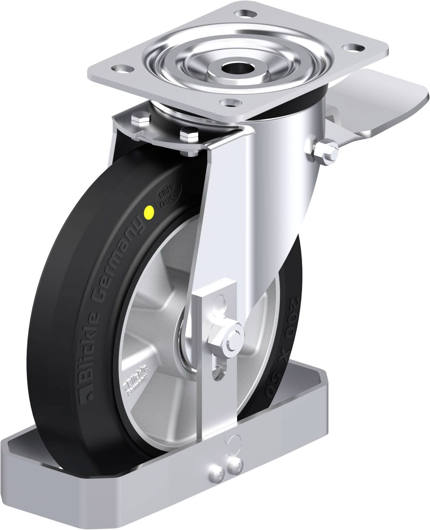 Lenkrolle mit schwarzem Rad und silbernem Gehäuse, geeignet für schwere Lasten. Enthält eine Platte zur Befestigung.