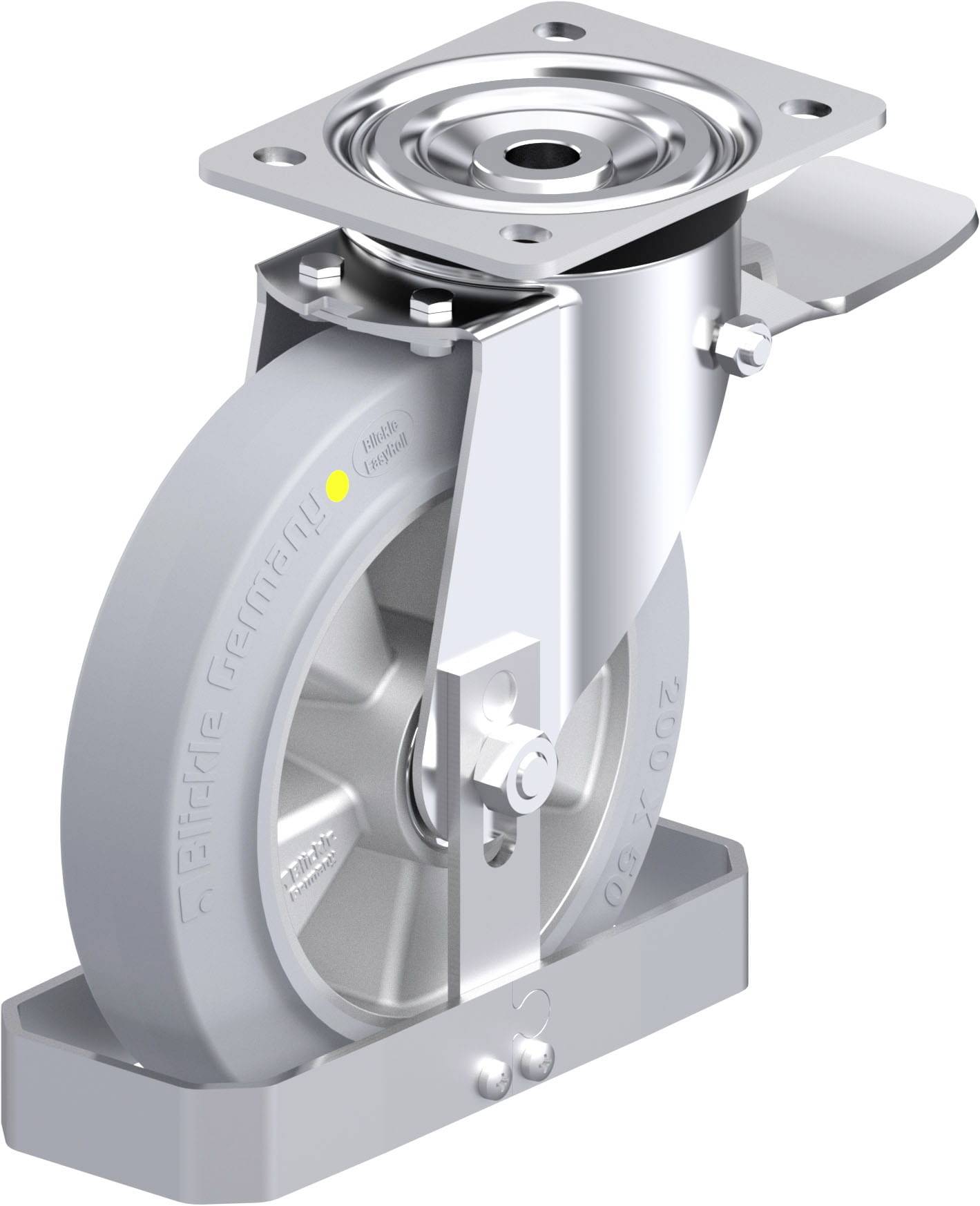 Schwenkrolle aus Metall mit grauem Rad, montiert auf rechteckiger Platte. Geeignet für schwerere Lasten und industrielle Anwendungen.