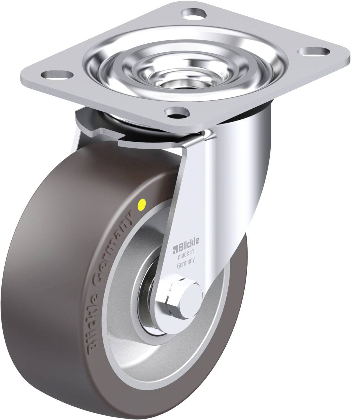 Industrielles Schwenkrollenset mit Metallgabel und grauem Rad. Geeignet für schwere Lasten und vielseitige Anwendungen.