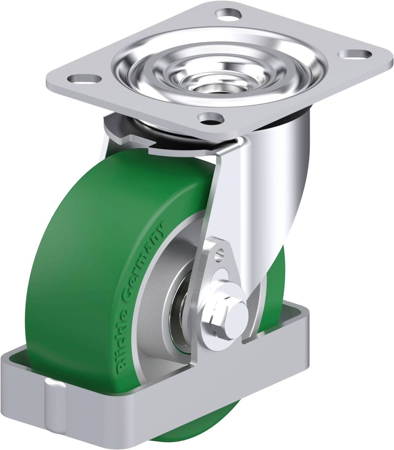 Ein grünes Rad mit einer Metallhalterung, typischerweise für Möbel oder Geräte. Es hat eine flache, rechteckige Basis mit vier Löchern zum Befestigen.