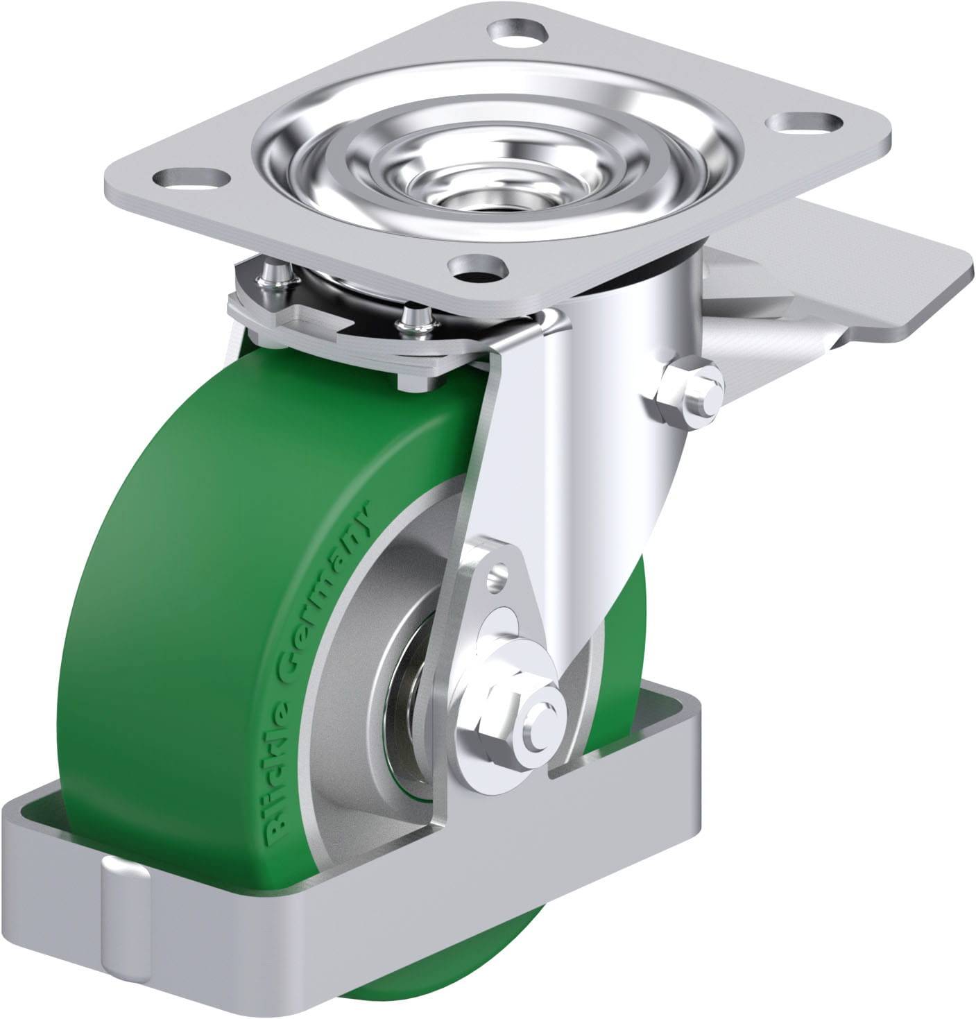 Industrie-Lenkrolle mit grünem Rad und silberner Halterung, geeignet für schwere Lasten.