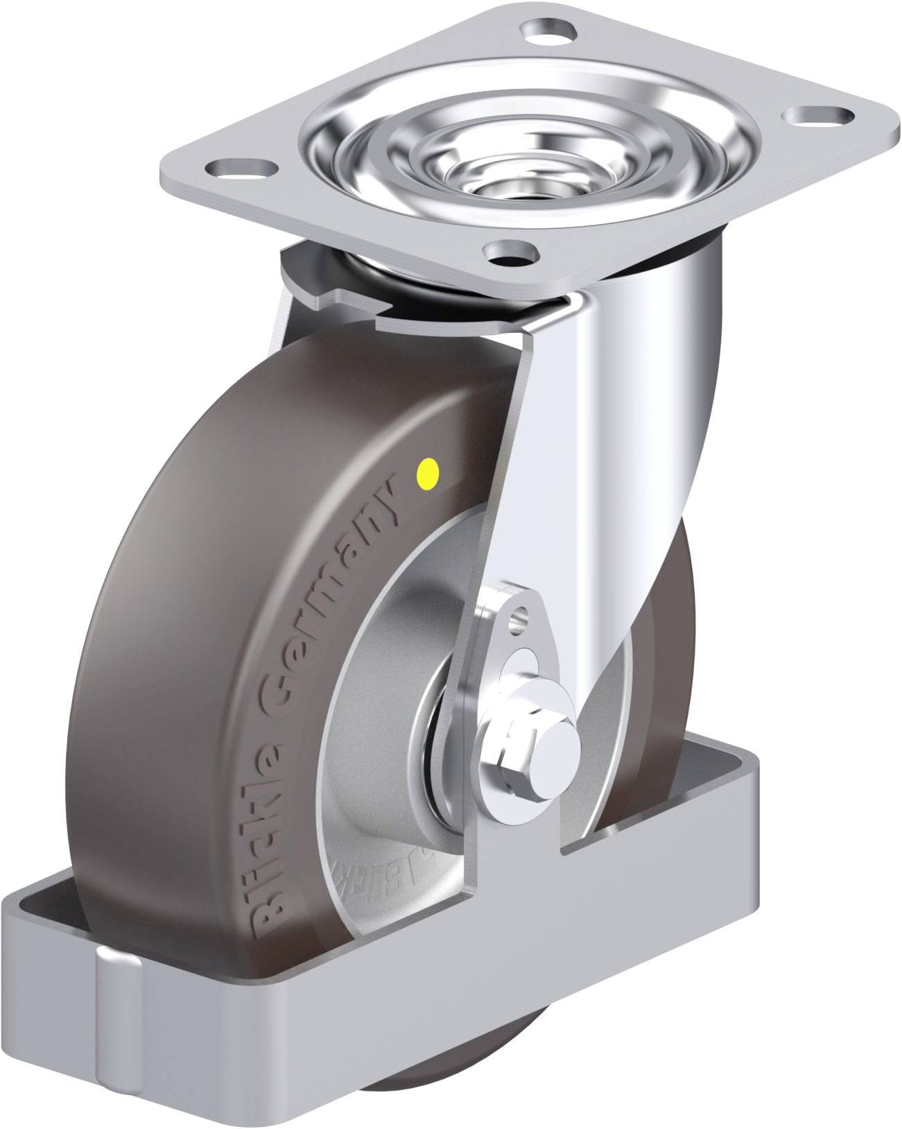 Metallisches Lenkrollenrad mit grauem Gummireifen und viereckiger Metallplatte oben zur Befestigung.