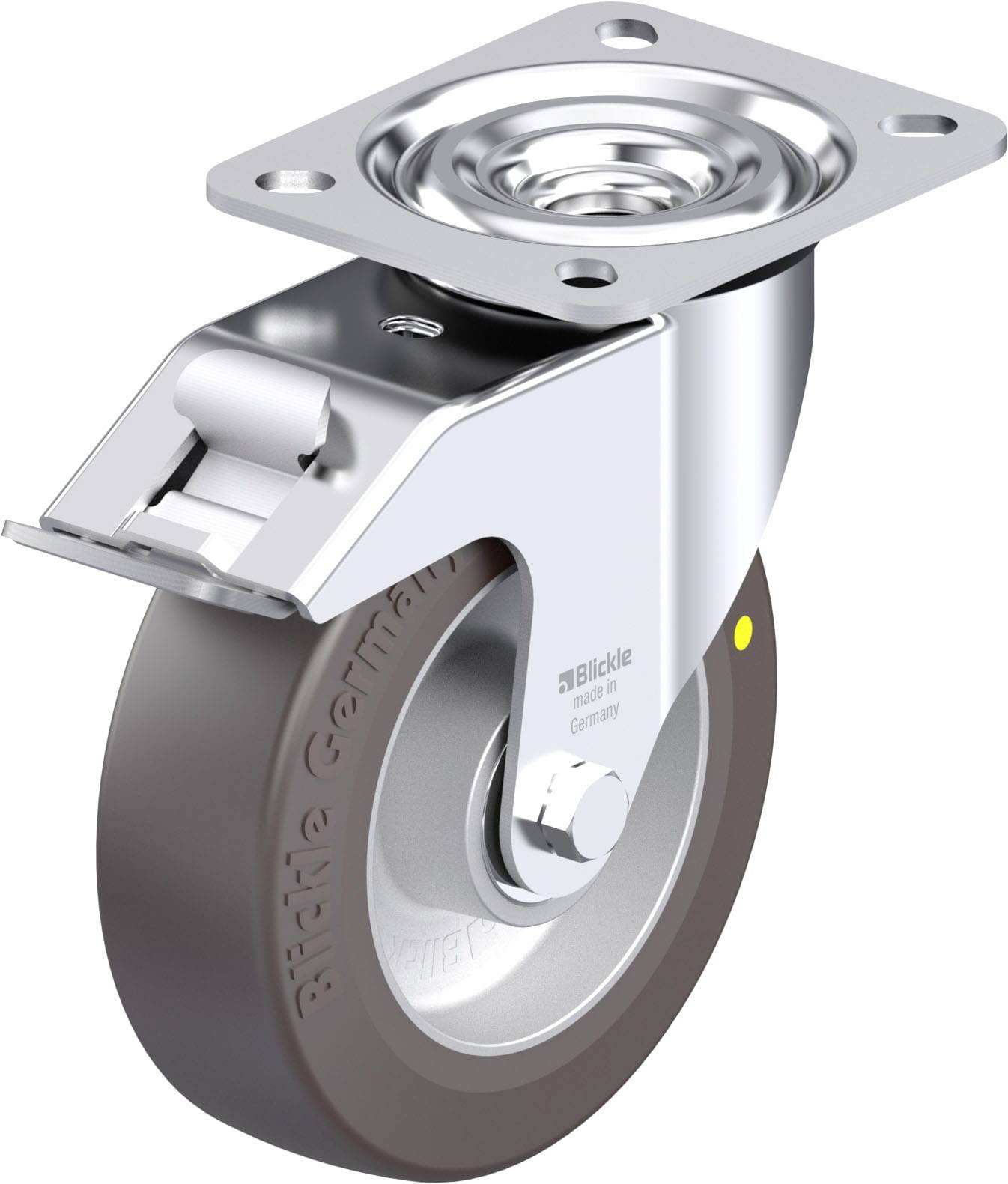 Graues Rollenrad mit Metallhalterung und Lenkmechanismus, geeignet für bewegliche Möbel und Industrieanwendungen.