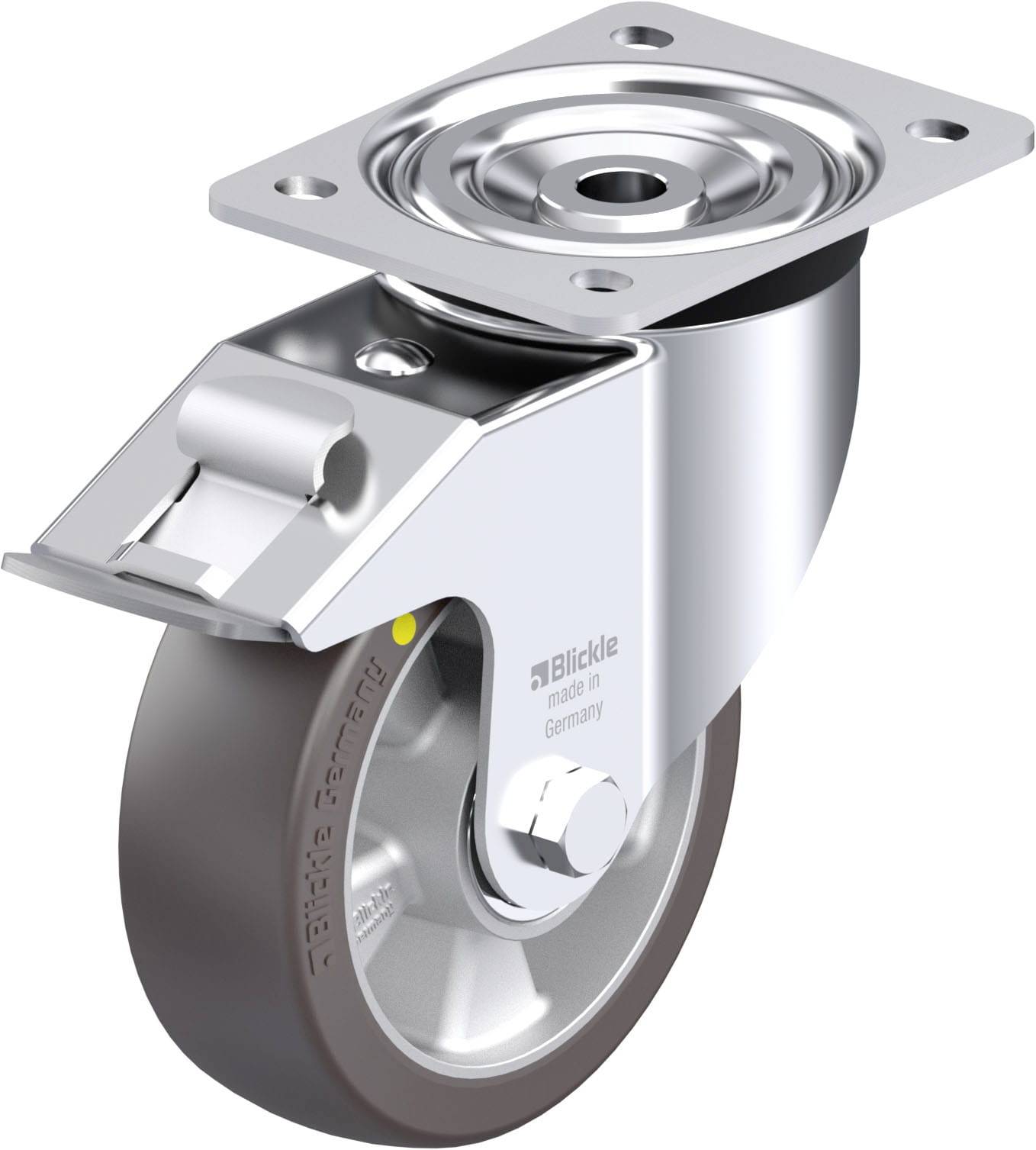 Eine schwenkbare Rolle aus Metall mit grauem Rad und rechteckiger Montageplatte. Aufschrift 'Blickle made in Germany'.