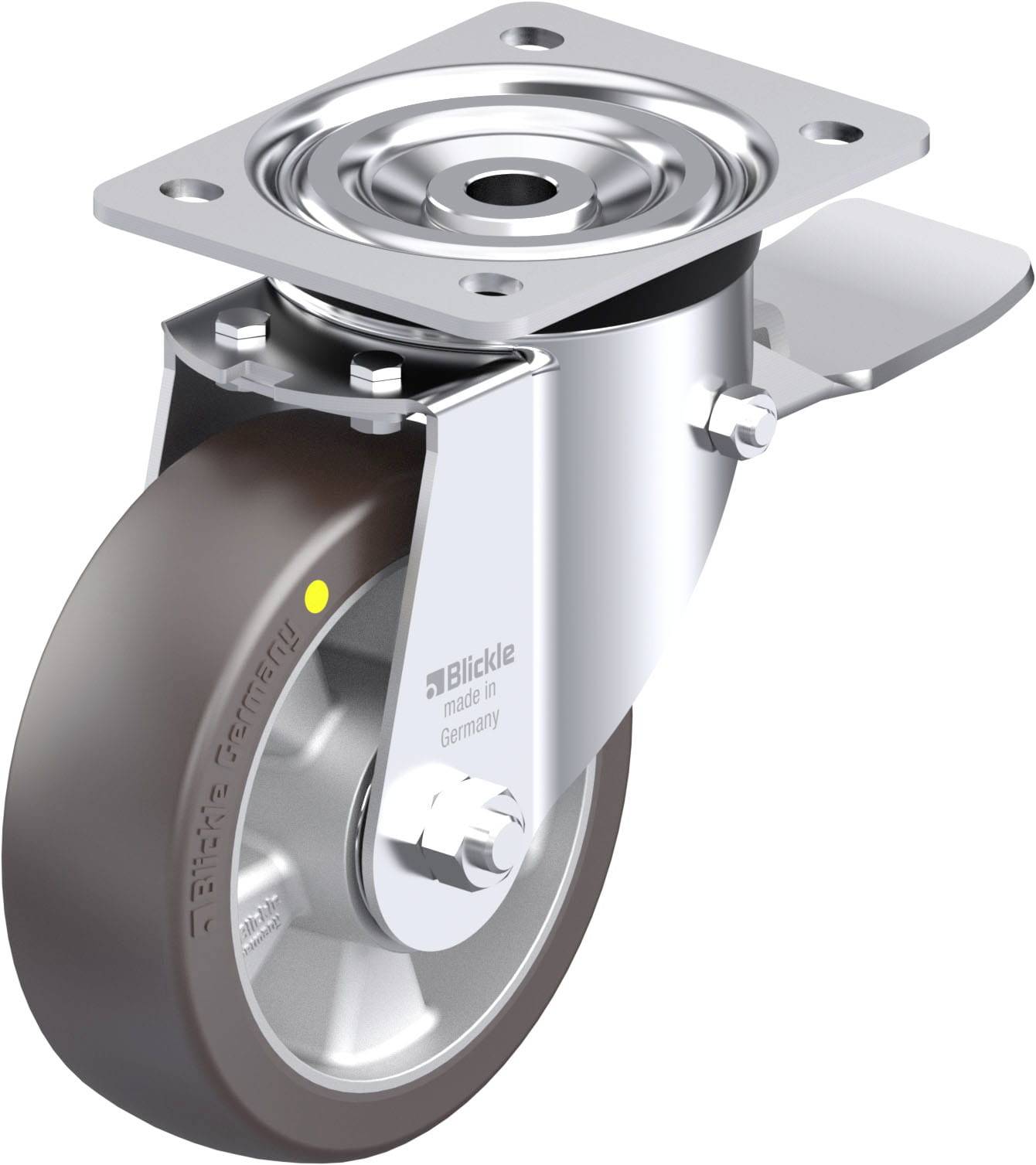 Ein silbernes Lenkrolle mit grauem Rad und Befestigungsplatte. Geeignet für Möbel oder Geräte, um leichte Bewegung zu ermöglichen.