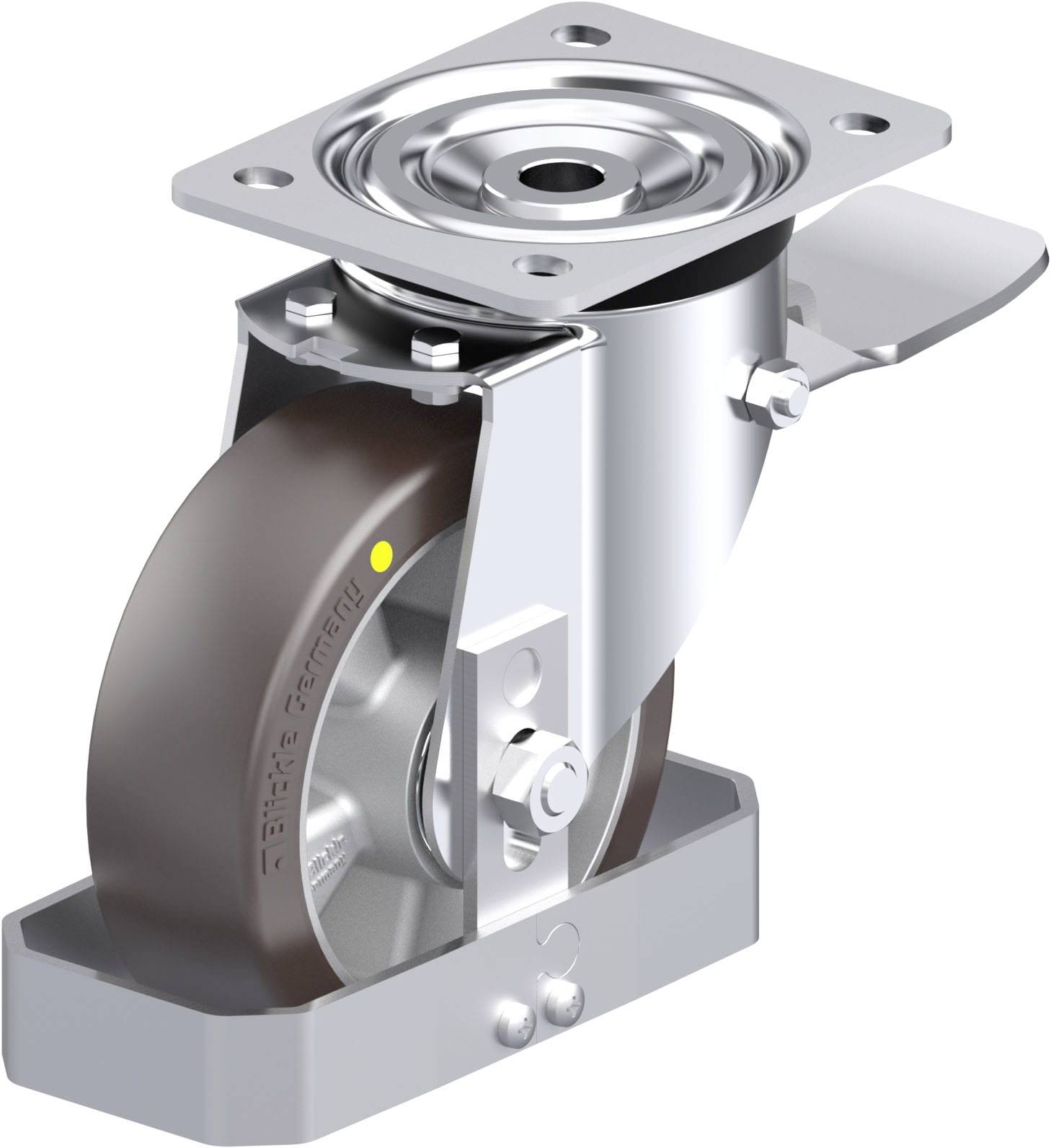 Industrielle Lenkrolle mit grauem Rad und Metallgehäuse, montierbar über rechteckige Platte. Geeignet für schwere Lasten.
