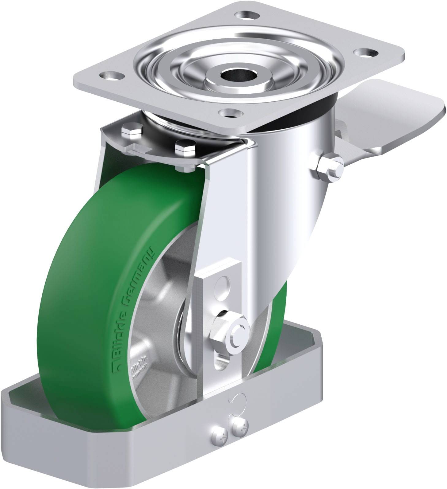 Industrie-Schwenkrolle mit grünem Rad und Metallgehäuse, seitlicher Montageplatte und integriertem Feststeller.