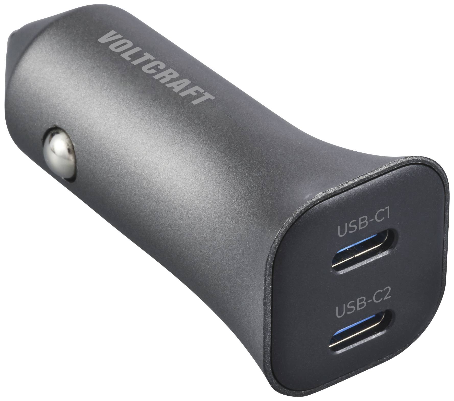 Schwarz-silberner USB-Autoladegerät-Adapter mit zwei USB-C-Anschlüssen, beschriftet als 'USB-C1' und 'USB-C2'. Oberseite beschriftet mit 'Voltcraft'.