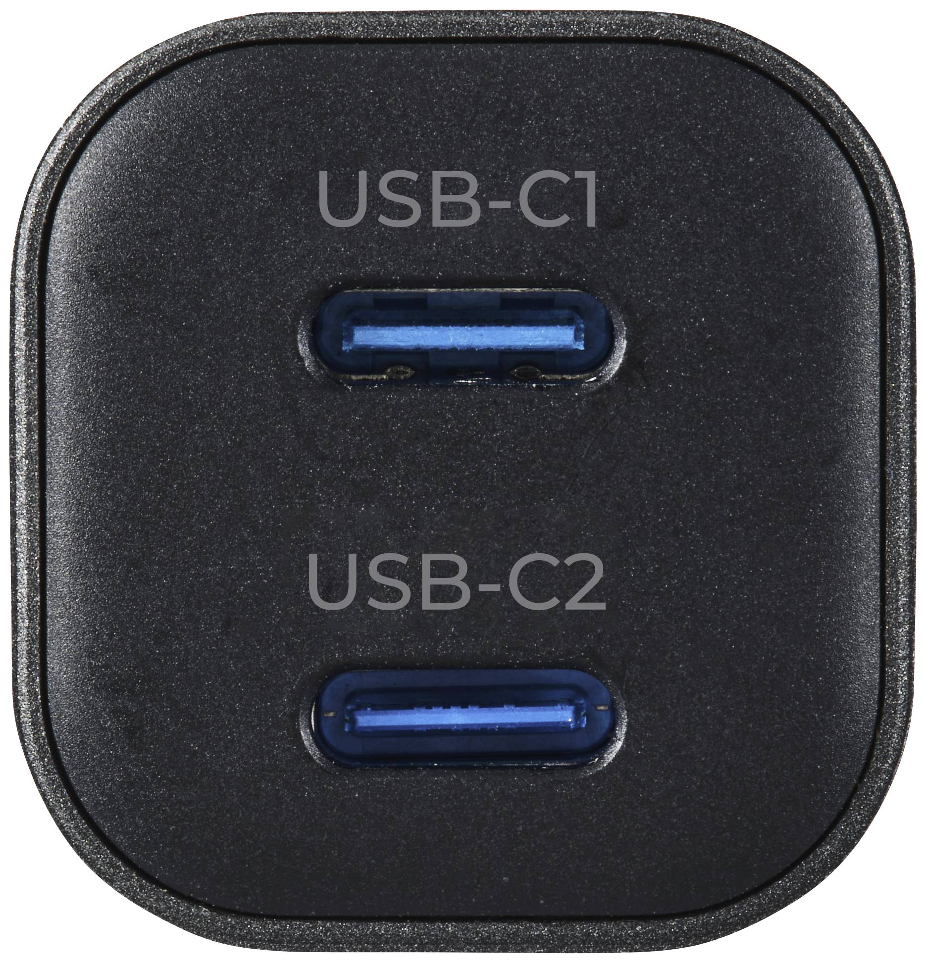 Schwarzer USB-Steckdosenadapter mit zwei Anschlüssen, beschriftet als 'USB-C1' und 'USB-C2'.