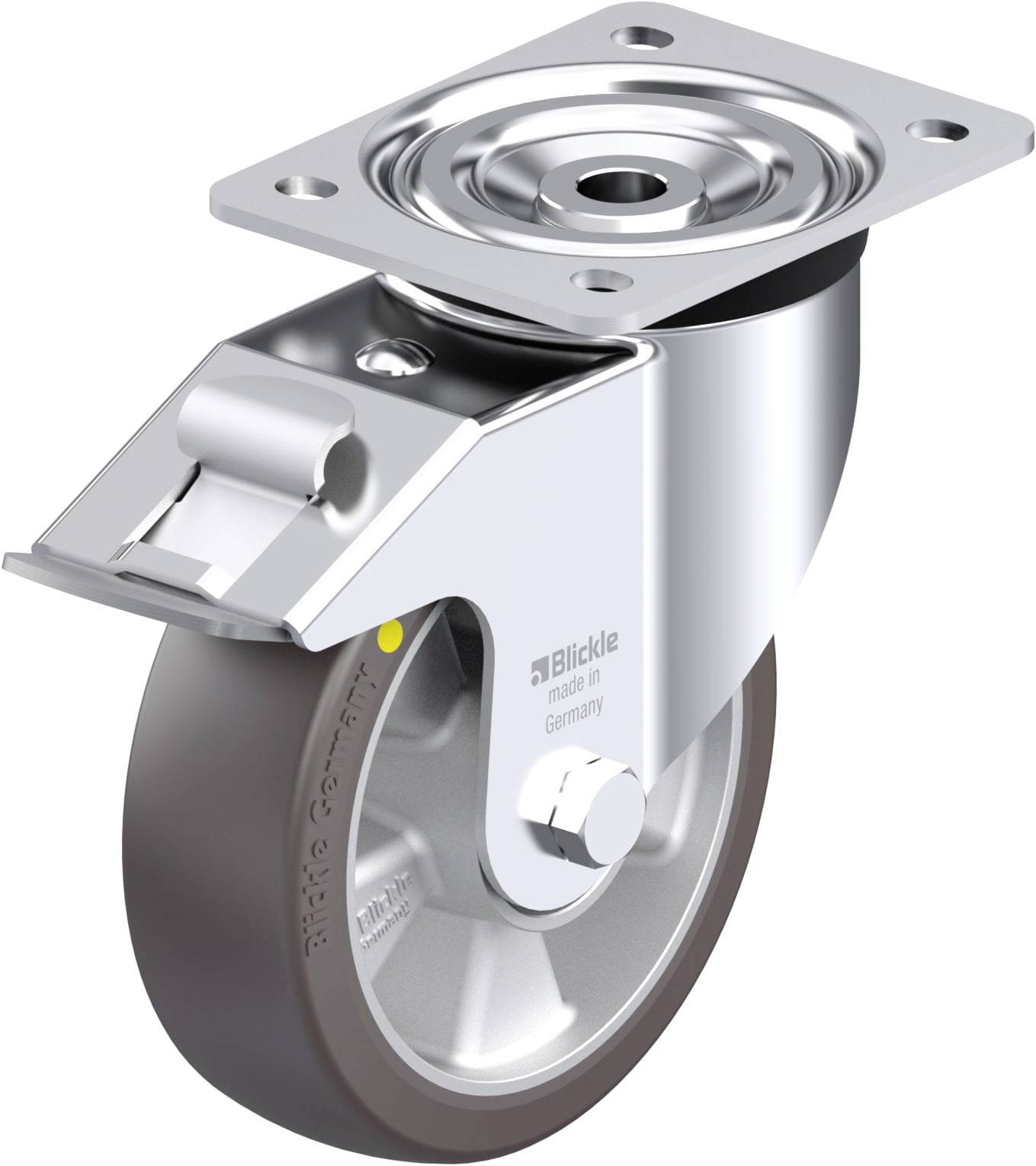 Metallisches Schwerlast-Lenkrolle mit grauem Rad, montiert auf rechteckiger Metallplatte, geeignet für robuste Transport- und Industriemaschinen.